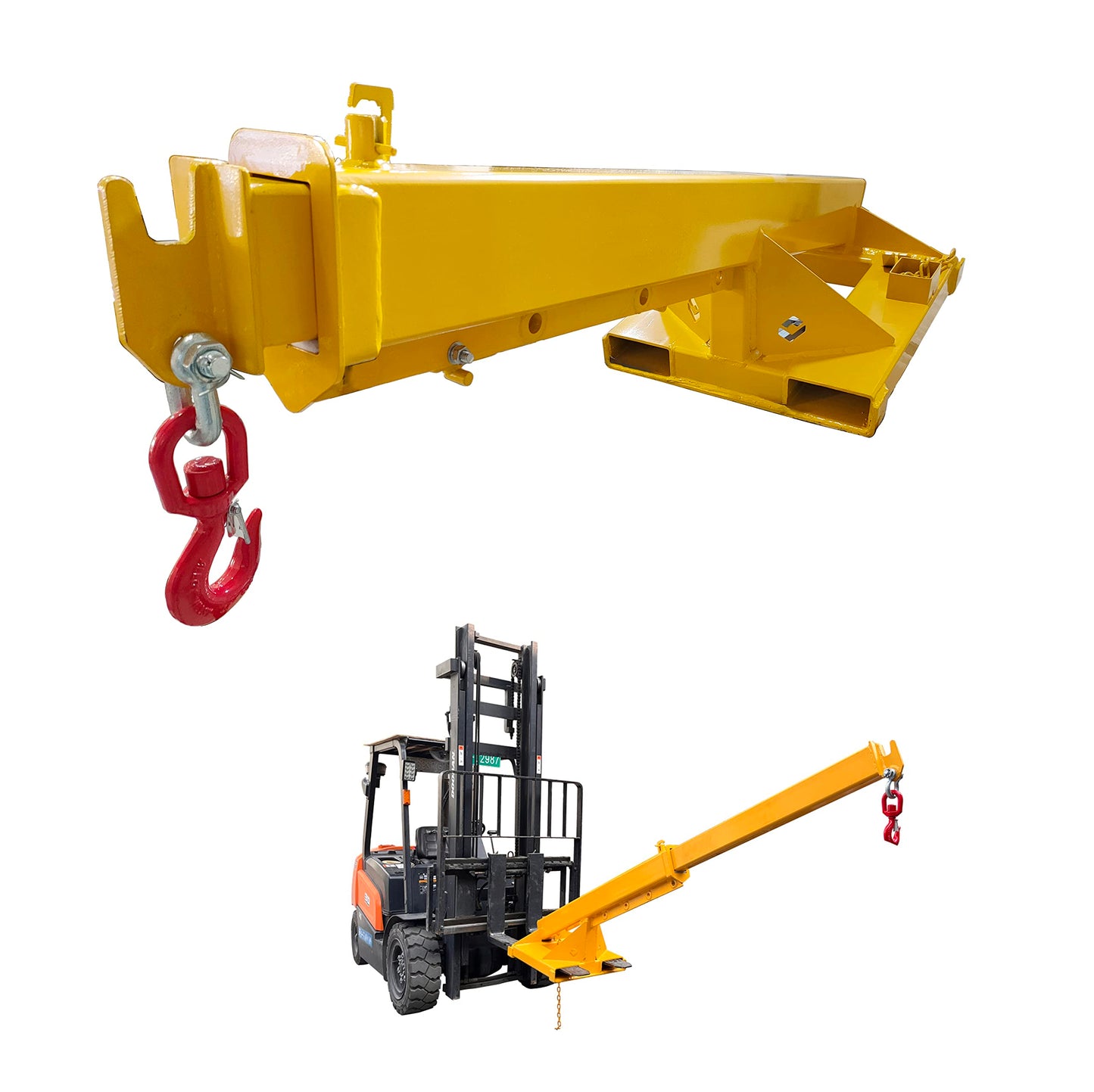 INTBUYING 3-Ton Forklift Jib Boom Crane, Telescopic Forklift Hook Attachment with Dual-Fork Design, 63-98in Adjustable Boom, Carbon Steel Truss Hoist Jib Booms for Lifting, Towing & Material Handling