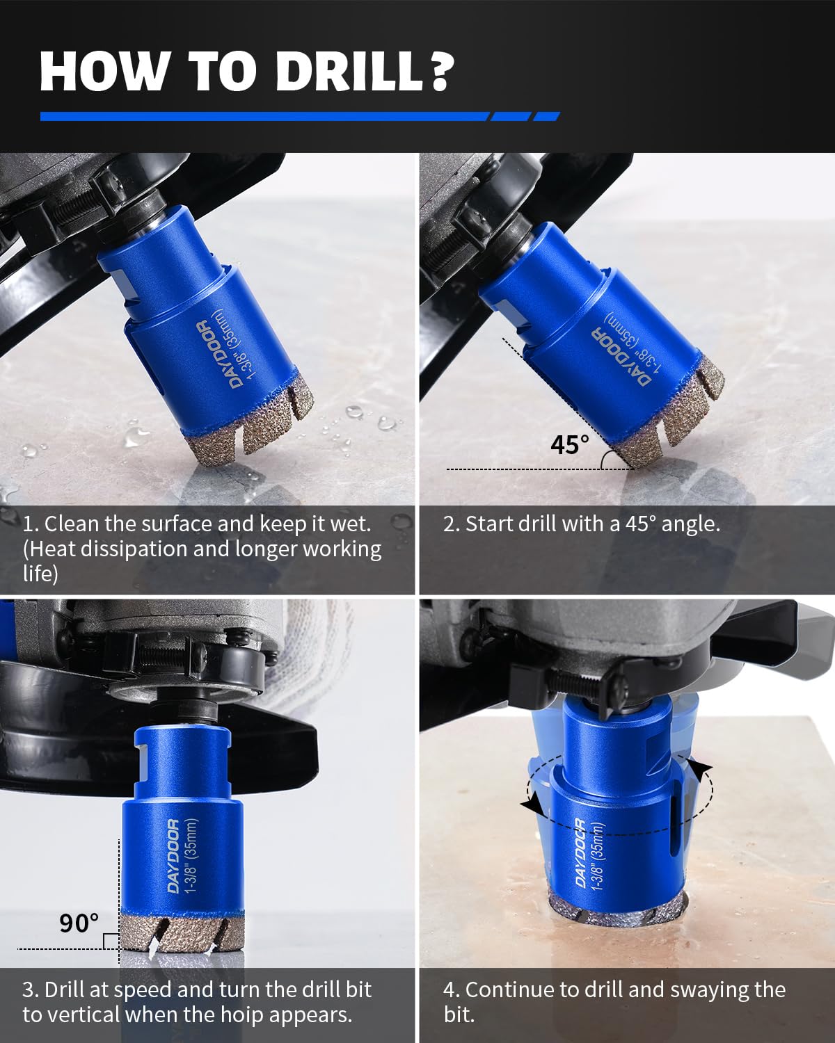 DAYDOOR Diamond Hole Saw Kit, 15-Piece Tile Hole Saw Kit 1/4" 5/16" 4/5" 1" 1-3/8" 2" 3" 4",Vacuum Brazed Core Drill Bits for Porcelain Tile, Granite, Marble, Stone(Blue)