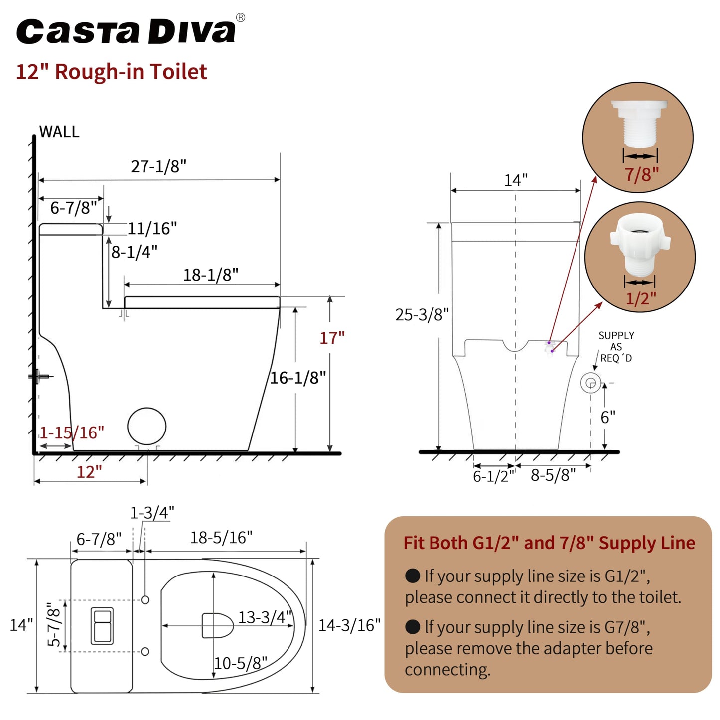 Casta Diva Elongated One Piece Toilet with 17" ADA Comfort Chair Height Seat Compact Toilet for Bathroom Dual Flush 1.1/1.6GPF, 12'' Rough-in, High Efficiency Flush, Standard White Bowl