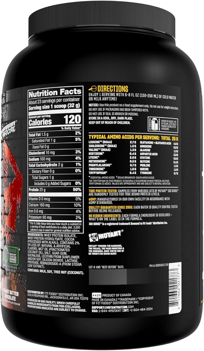Mutant ISO Surge Whey Protein Isolate Powder Acts Fast to Help Recover, Build Muscle, Bulk and Strength, 1.6 lb (Peanut Butter Chocolate)