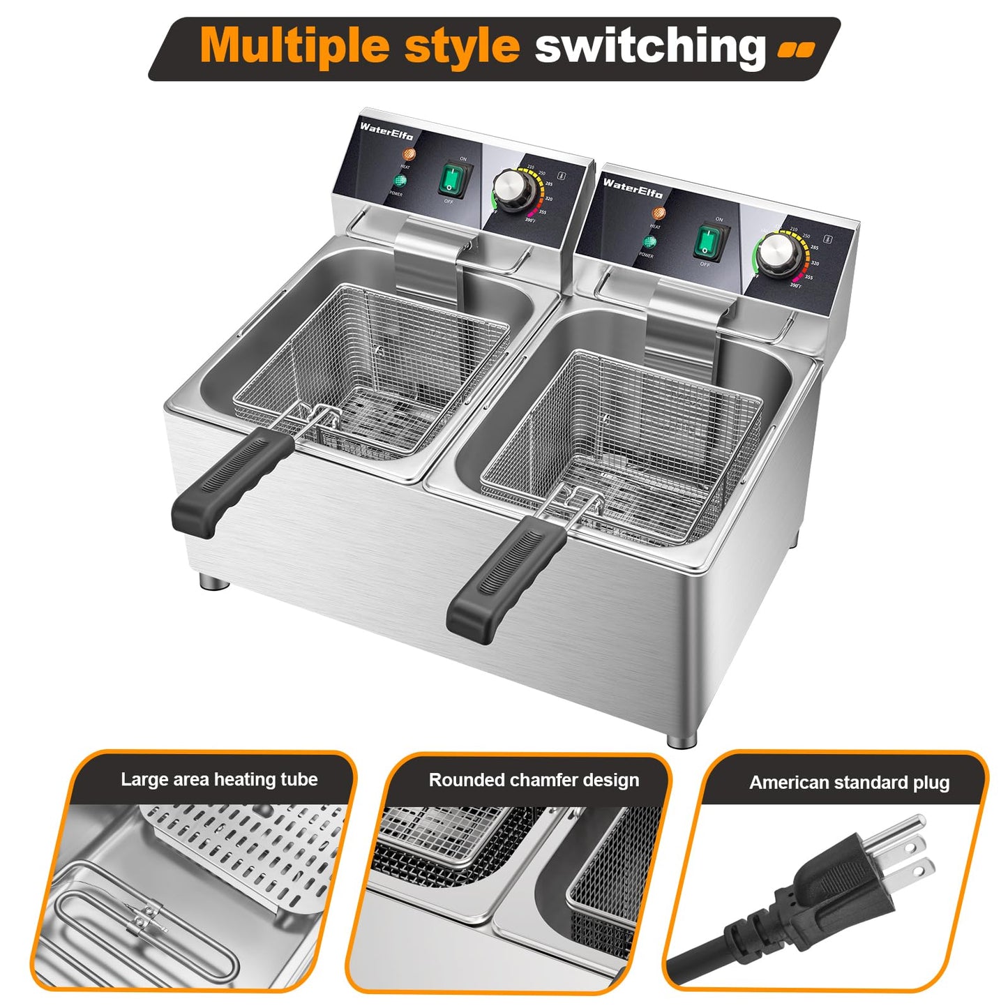 WaterElfo electric turkey fryer Commercial deep fryer with basket 3600W27.4QT with timer26L deepen deep fryer Variable twin cylinder 13.7QT*2 Rapid heating