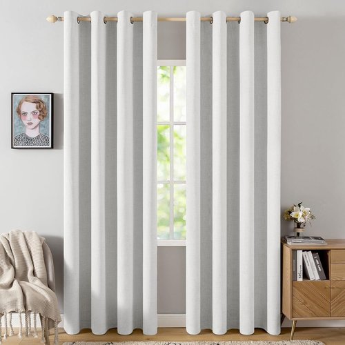 MIULEE 100% Blackout Linen Textured Curtains - Thermal Insulated Heathered White Drapes | 52 x 84 Inch (2 Panels)