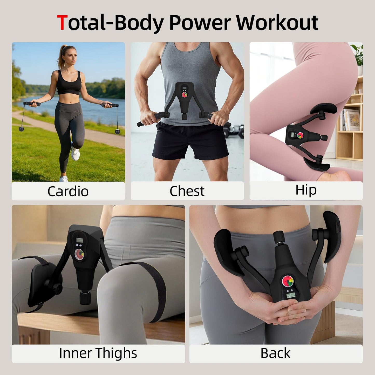 Abahub Inner Thigh Trainer with Display Counter, 0-132 LBF Adjustable Resistance Pelvic Floor Muscle Exerciser, Home Gym Kegel Trainer Includes Bands, Arm Workout Handles & Wireless Jump Rope, Black