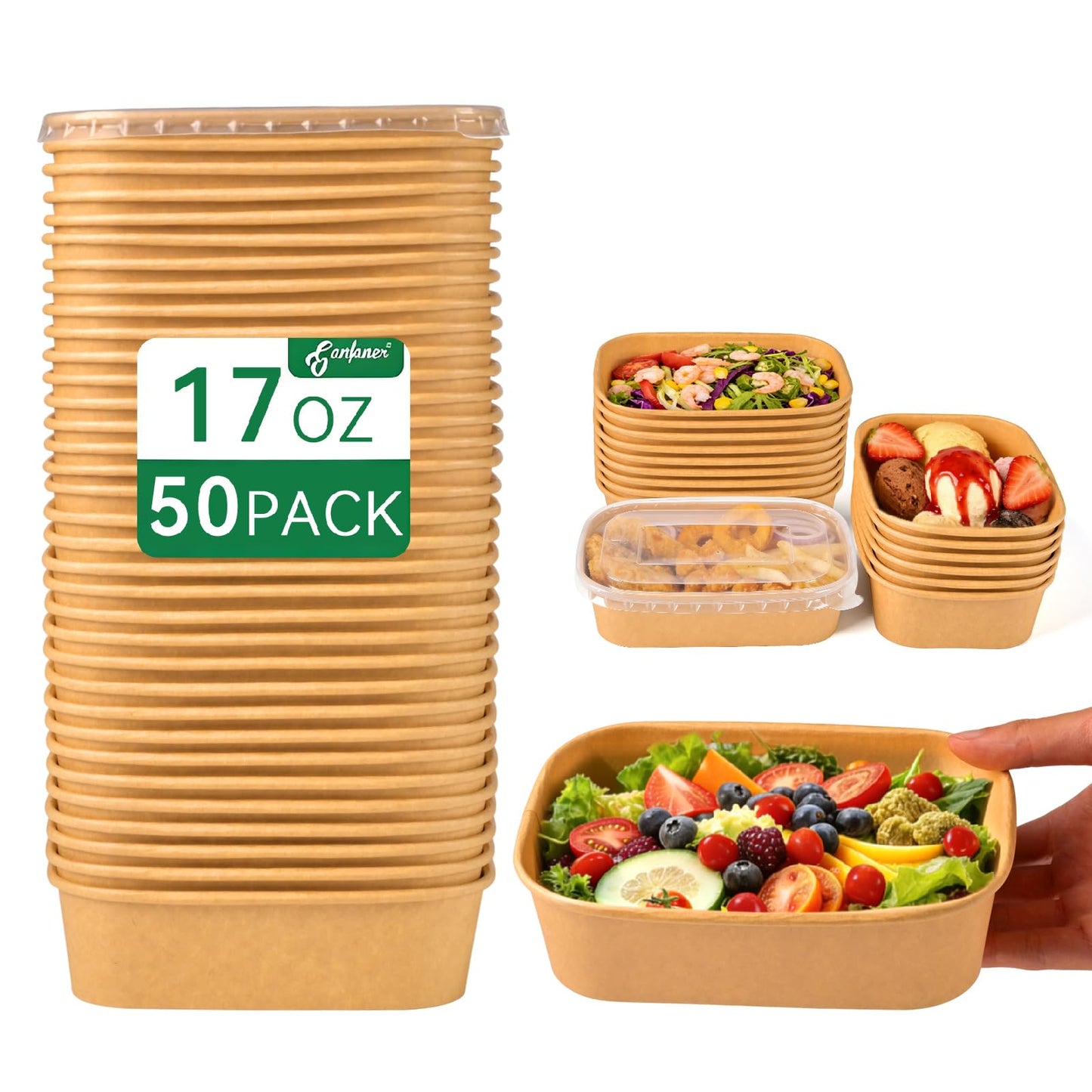 ganfaner 17oz Disposable Meal Prep Food Container Box with Lids, 50 Sets Kraft Paper Bowls Compostable for Soup Noodles Acai Microwave Safe, Leak-Proof Salad Bowl for Lunch Party Home School Take Out