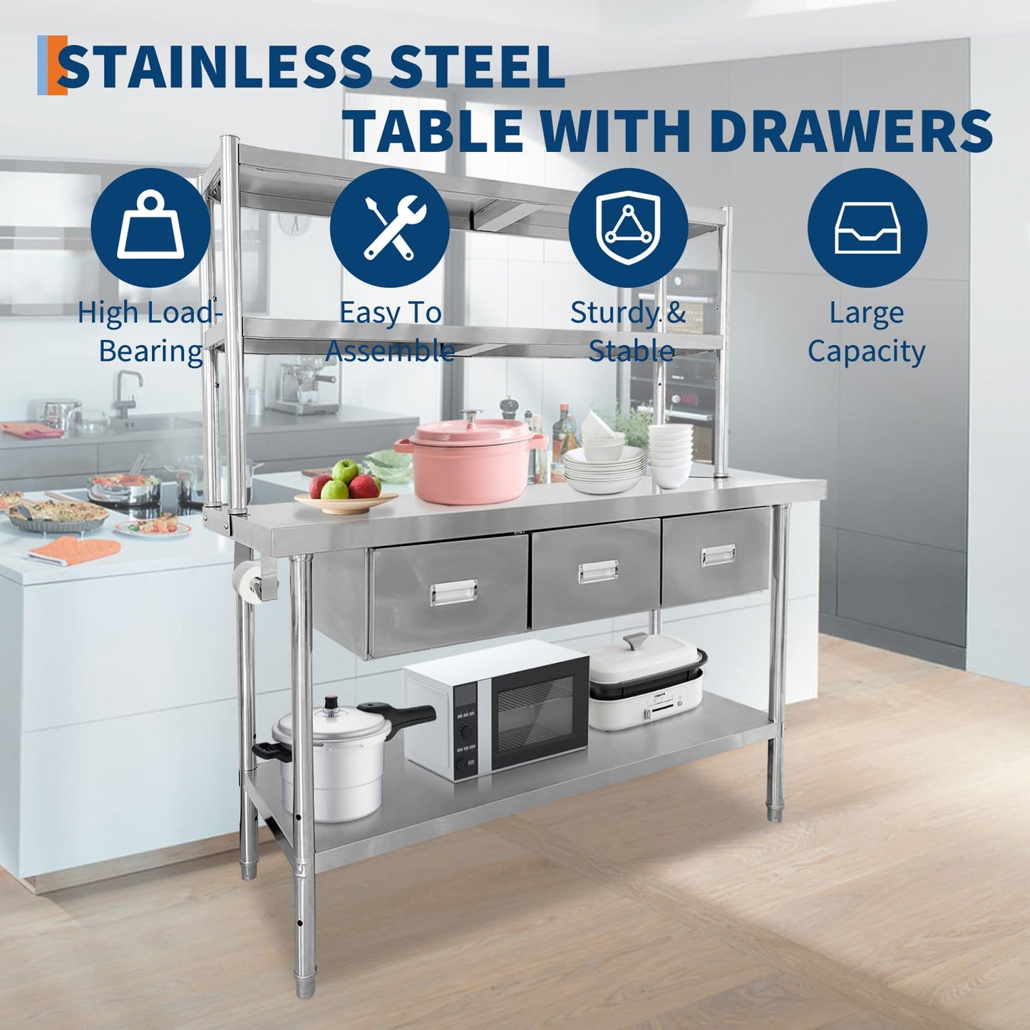 Stainless Steel Table with Overshelves & Drawers, 60" X 24" Commercial Work Tables with 60" X 30" Shelf & 3 Drawers, Metal Kitchen Prep Table with Paper Towel Holder for Home Restaurant Garage