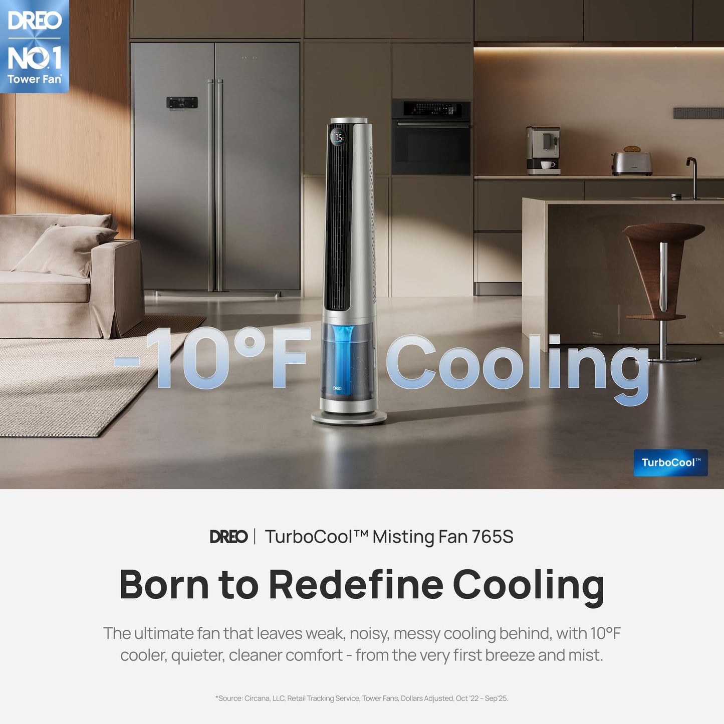DREO TurboCool Misting Fan 765S, Fans that Blow Cold Air, 10°F Cooling, 34ft/s Fast Evaporative Air Cooler, 6L Tank, 20 dB Quiet DC Motor, 90° Tower Fan with 12 Speeds, 4 Modes for Home, Silver