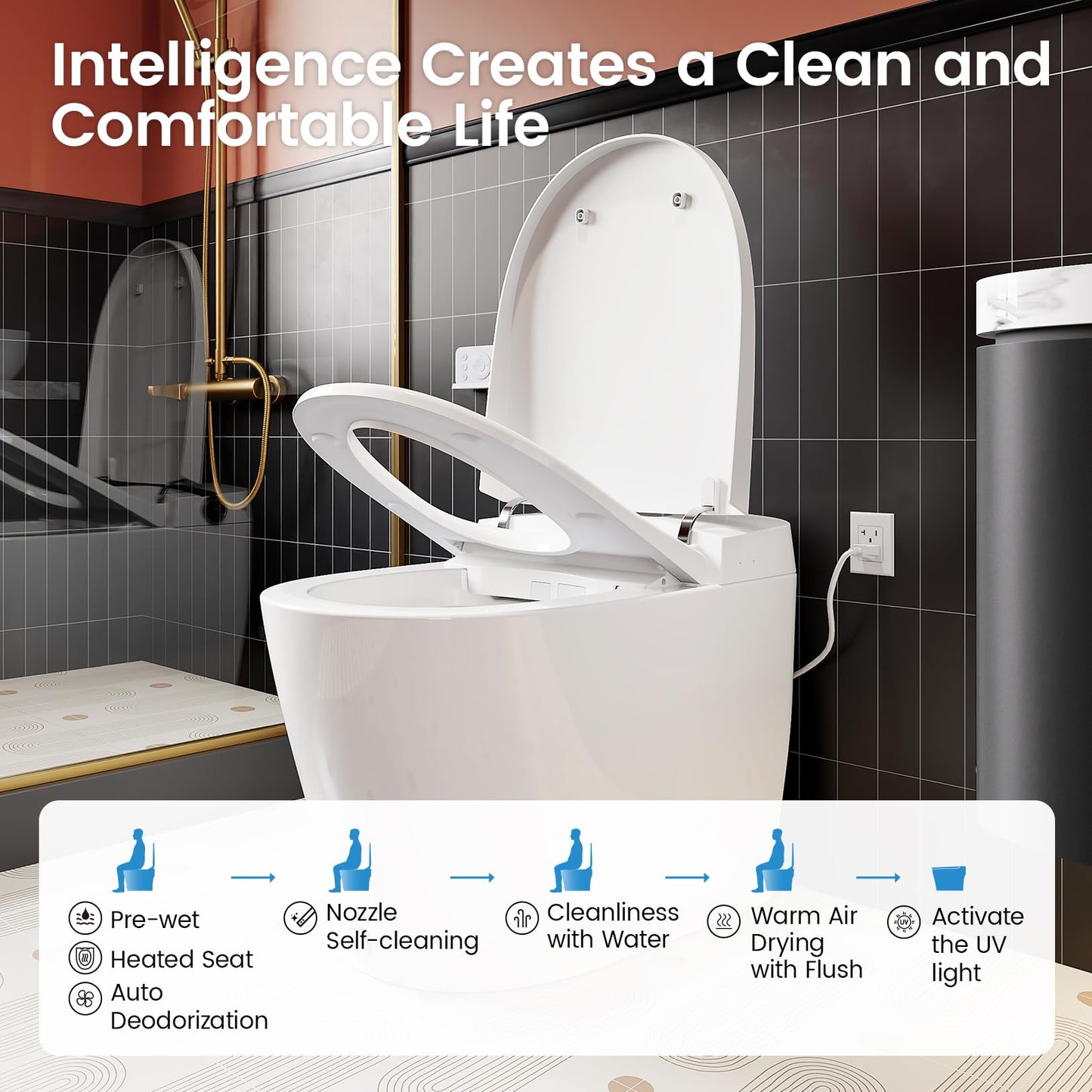 Smart Toilet with Built-in Bidet, One-Piece Bidet Toilet for Bathrooms, YA60 Bidet Toilet with Auto Flush, Kick Flush, Heated Seat, Warm Water and Dryer, Night Light, and Blackout Flush