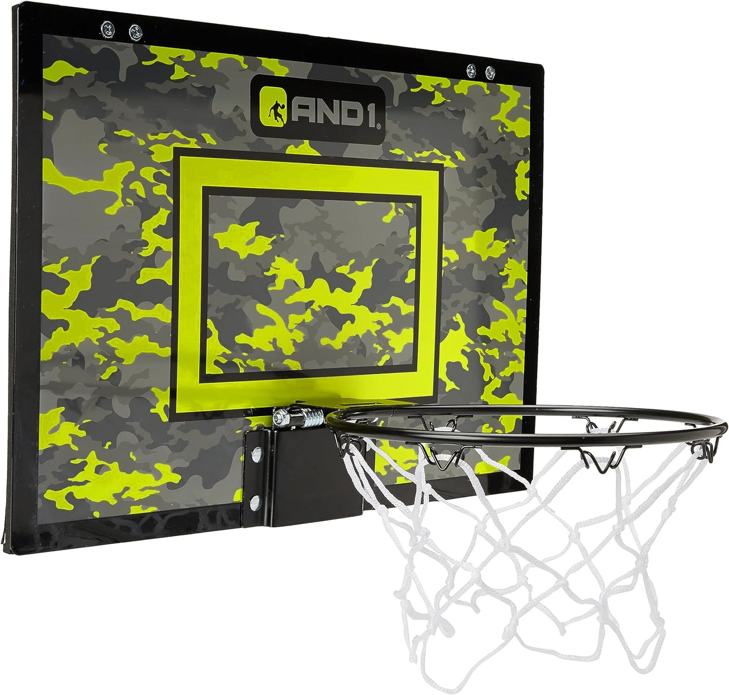 AND1 Over The Door Mini Hoop: - 18”x12” Pre-Assembled Portable Basketball Hoop with Flex Rim, Includes Two Deflated 5” Mini Basketball – Volt/Black (5A1GT0110F0E2)