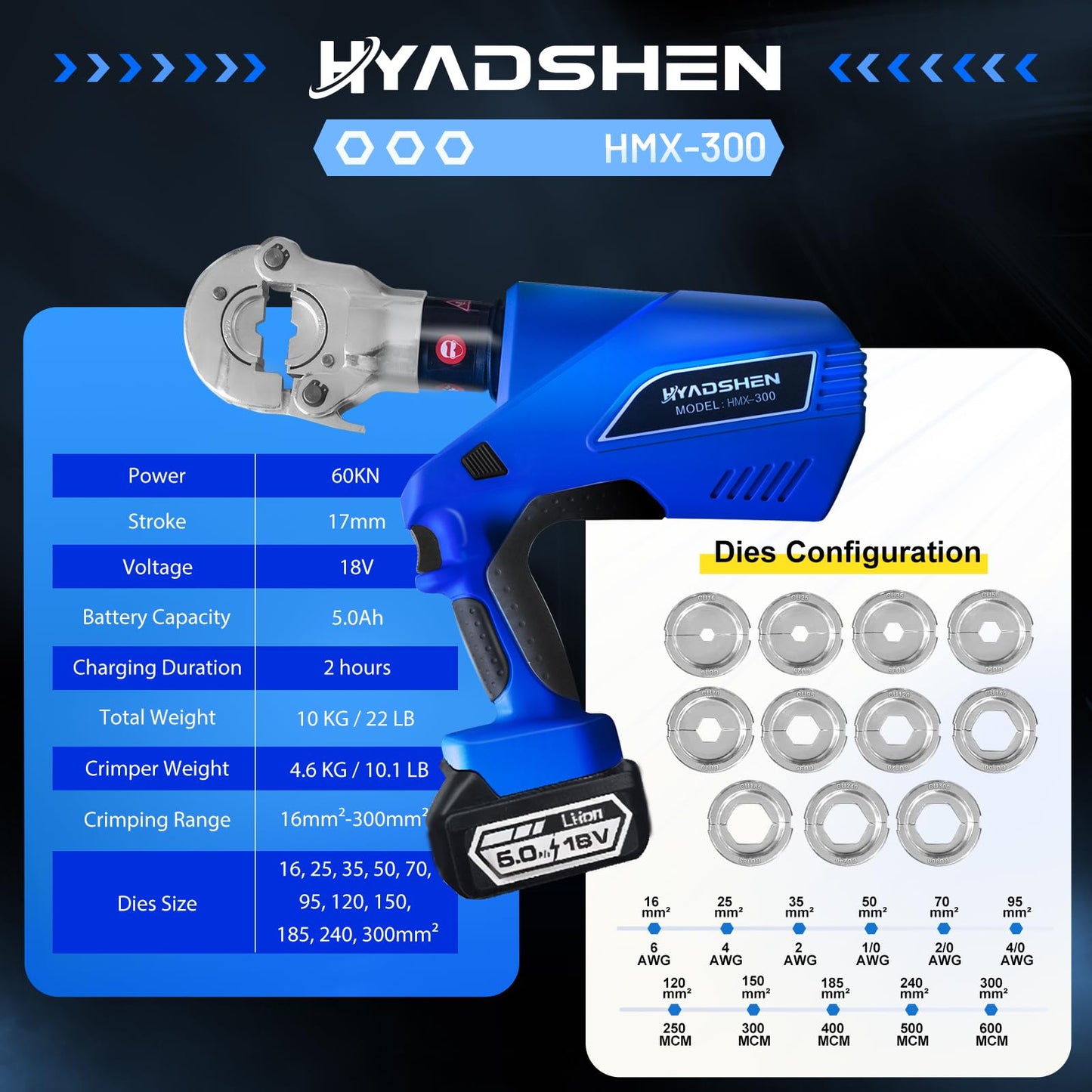HYADSHEN Electric Hydraulic Cable Lug Crimper Pliers Rechargeable Crimping Tool 6 Ton Electrical Terminal Cable Wire Fiber Crimper Kit with 11 Dies (HMX-300)