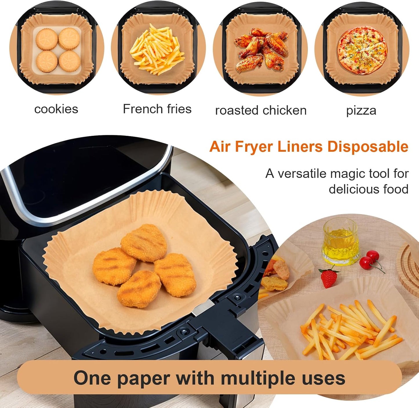 Skiennix Air Fryer Paper Liners - 500 Pcs Non-Stick Parchment for 5-8 QT Air Fryers | 8” Square Size