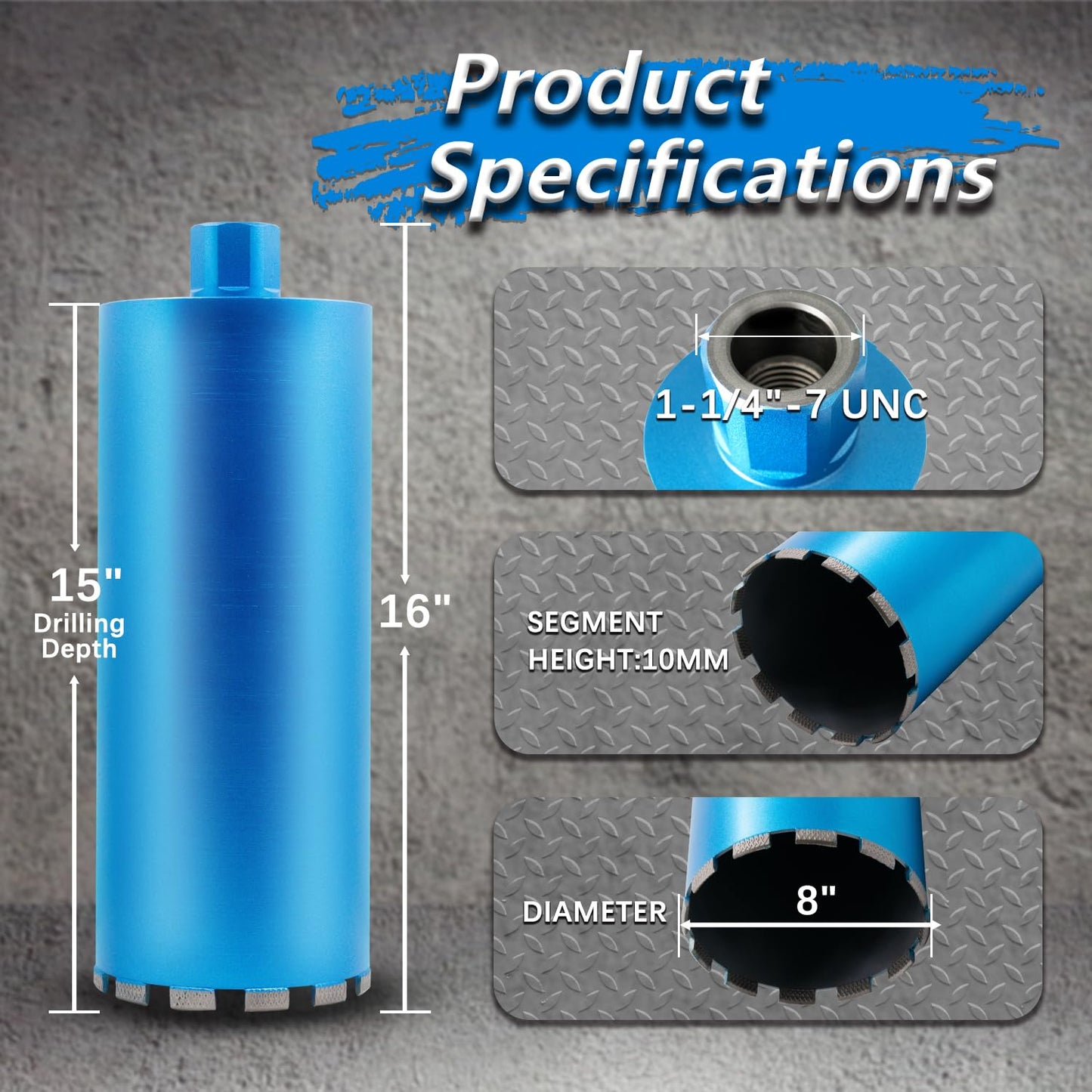 HBKEEN 8" Wet Diamond Core Drill Bits for Concrete with Rebar, Brick, Block, Masonry, 15" Drilling Depth, 1-1/4-7" Thread, Laser-Welded Segments for Construction & DIY Home Renovation