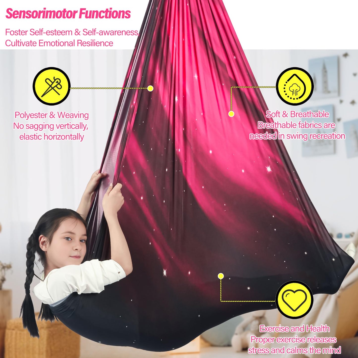 HiChrote Sensory Swing for Kids Holds up to 300lbs Indoor & Outdoor Therapy Cuddle Swing with Hammock Hooks Hanger Kit for Calming, Effect for Autism, ADHD or SPD. (Space Pink)