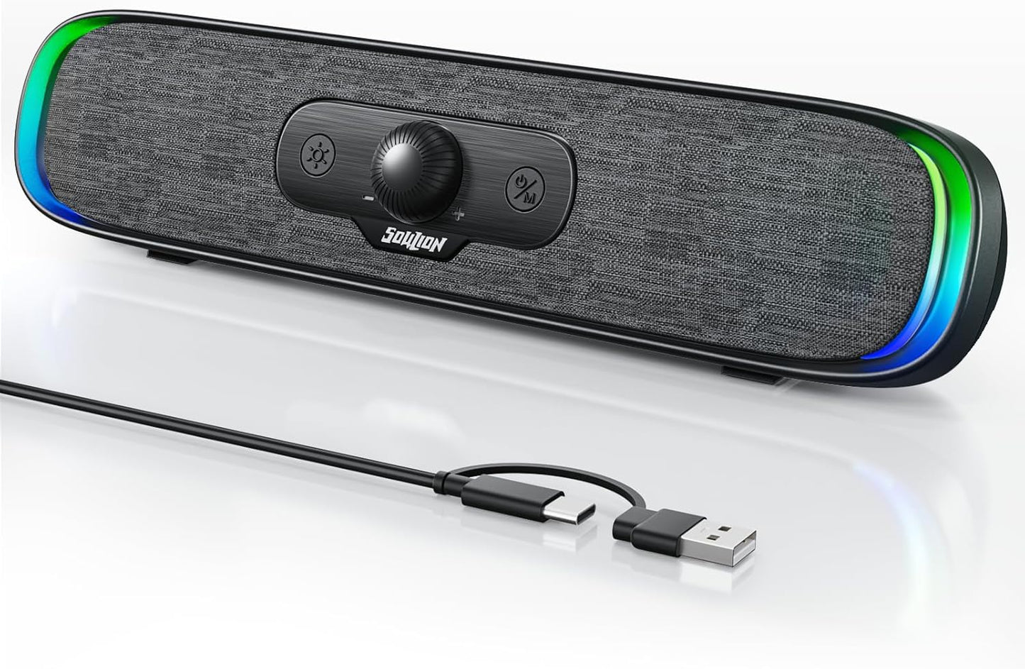 SOULION Computer Speakers, USB C/USB Powered PC Speaker with Colorful LED Lights, Plug-N-Play Wired Bluetooth Sound bar
