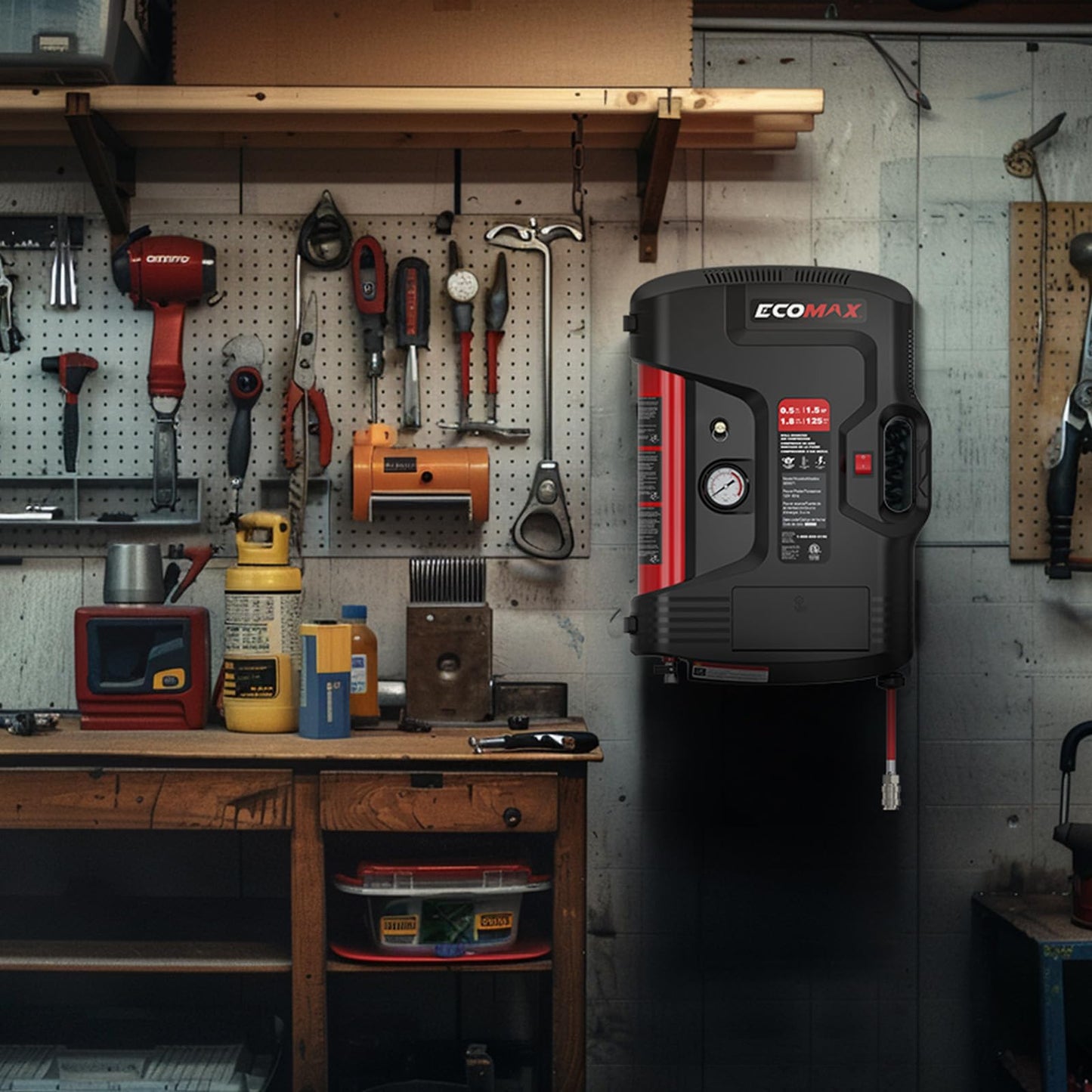 ECOMAX Wall Mount Air Compressor, Tire Inflator Portable Air Compressor, Oil-Free with Retractable 30ft Air Hose, Mini Tank 125 PSI MAX Pressure & 1.5 HP for Garage and Home
