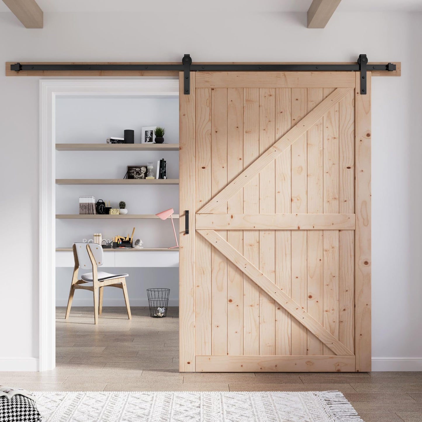 FREDBECK 54in x 80in Wood Barn Door with 9FT Barn Door Hardware Kit Included K Shape Solid Spruce Panel Need to Assembly