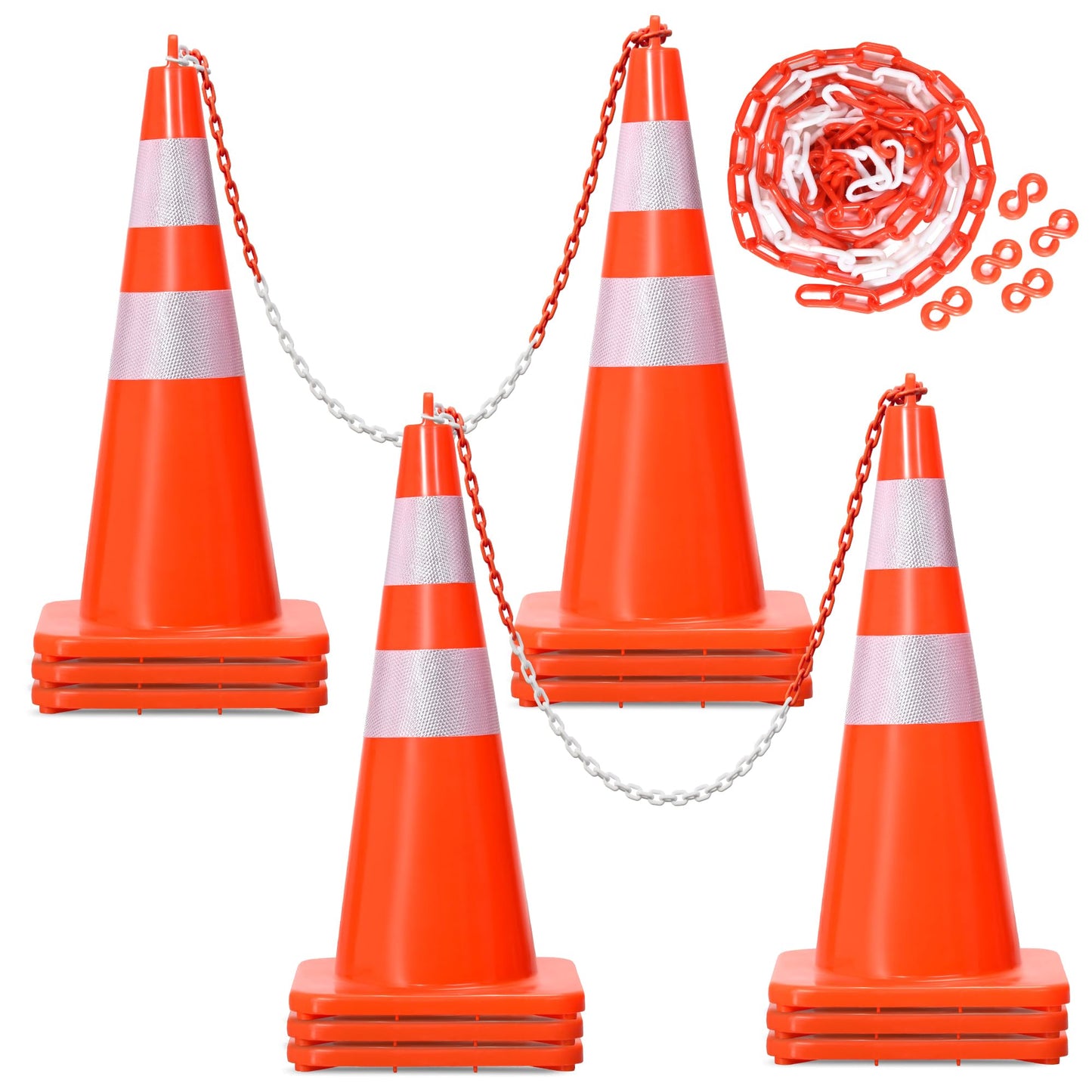 DWVO 12Pack 28in Traffic Cones with 36FT Chain, Safety Road Parking Cones PVC Base, Orange Traffic Cone with Reflective Collars, Hazard Construction Cones for Home Traffic Parking Road