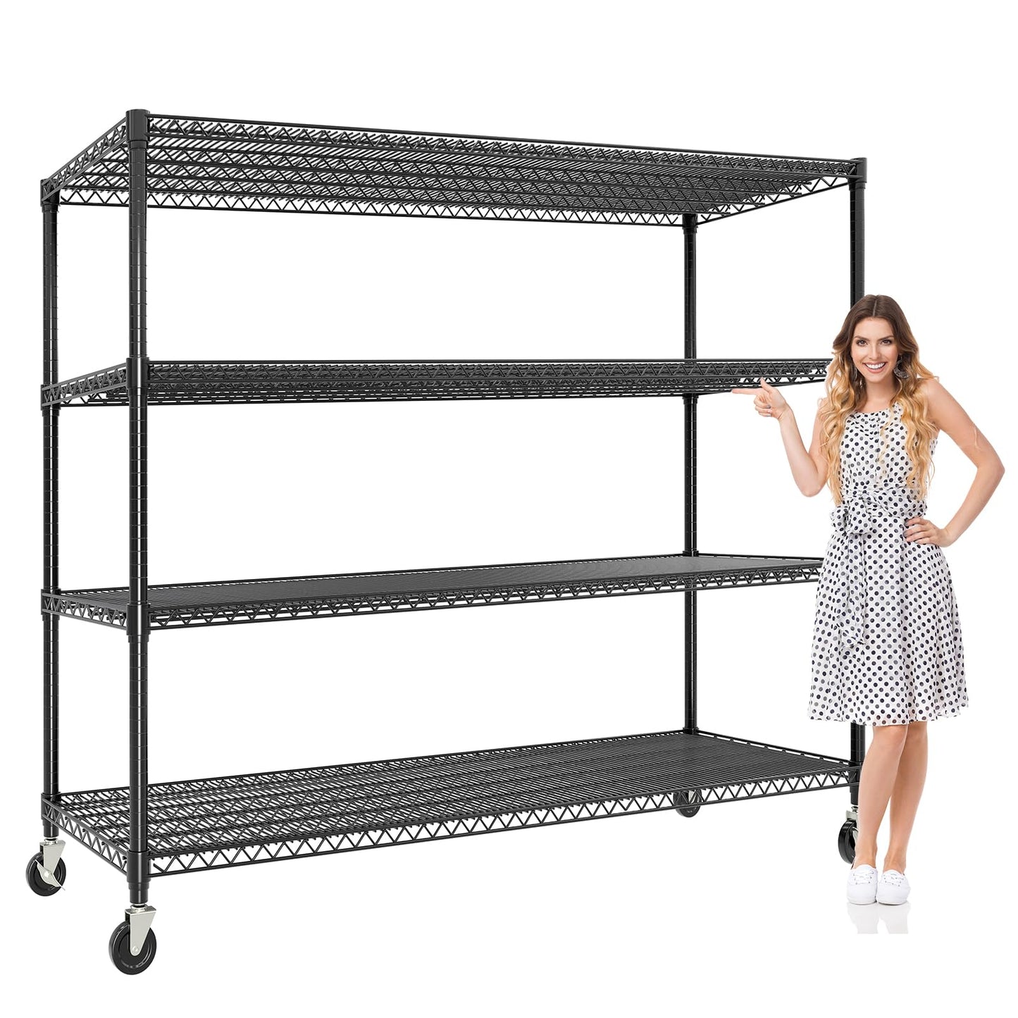 IDEALHOUSE Storage Shelves with Wheels, 74" H x 59" W x 24" D 4 Tier Adjustable Wire Shelving Unit, 2640 Lbs Capacity Heavy Duty Metal Storage Rack for Garage, Pantry, Kitchen, Warehouse