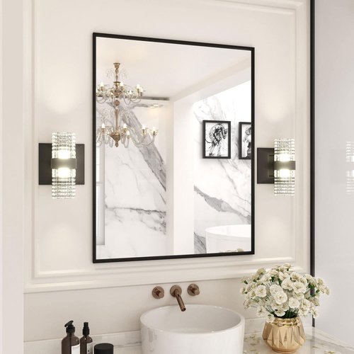 LOAAO Black Rectangle Bathroom Mirror - 28" x 36" Matte Black Aluminum Frame, Tempered Glass, Versatile Hanging Options