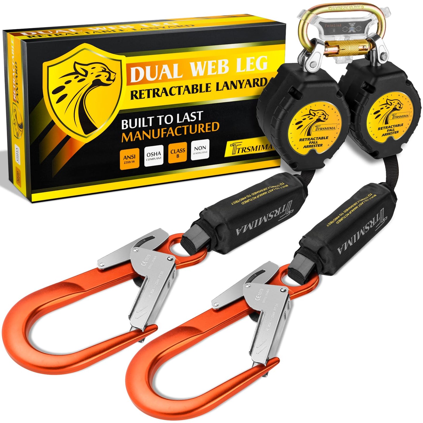 TRSMIMA Fall Protection Retractable Lanyard - 6FT Twin Leg Self Retracting Lanyard Tangle-Free Webbing Shock Absorber Dual Aluminum Rebar Hook Aluminum Carabiner ANSI