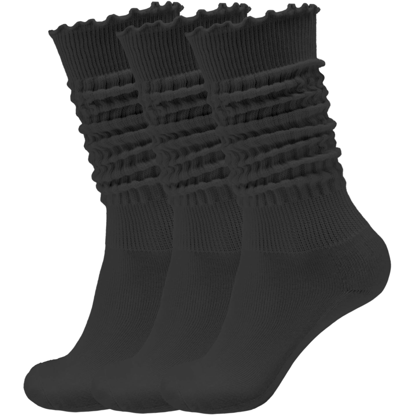 AugRing Women’s Ruffle Slouchy Socks 3 Pack Retro Cute Frilly Scrunch Knee High Cozy Cotton Long Boot Chunky Socks Size 6-11 (US, Alpha, One Size, Regular, Regular, 3 Pairs Black)