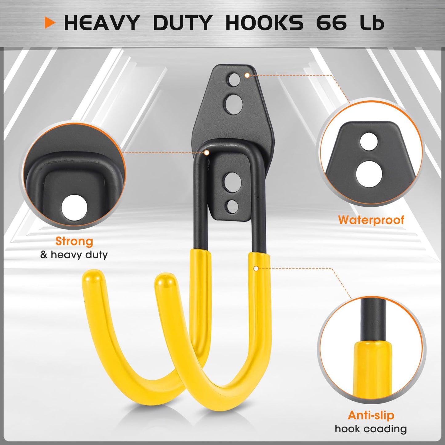Pruite Garage Hose Hooks Wall Mount, 6 Pack Heavy Duty Storage Hooks for Garden Tools, Wall Hooks for Water Hoses, Brooms, Ladders, Garage Storage, Yellow