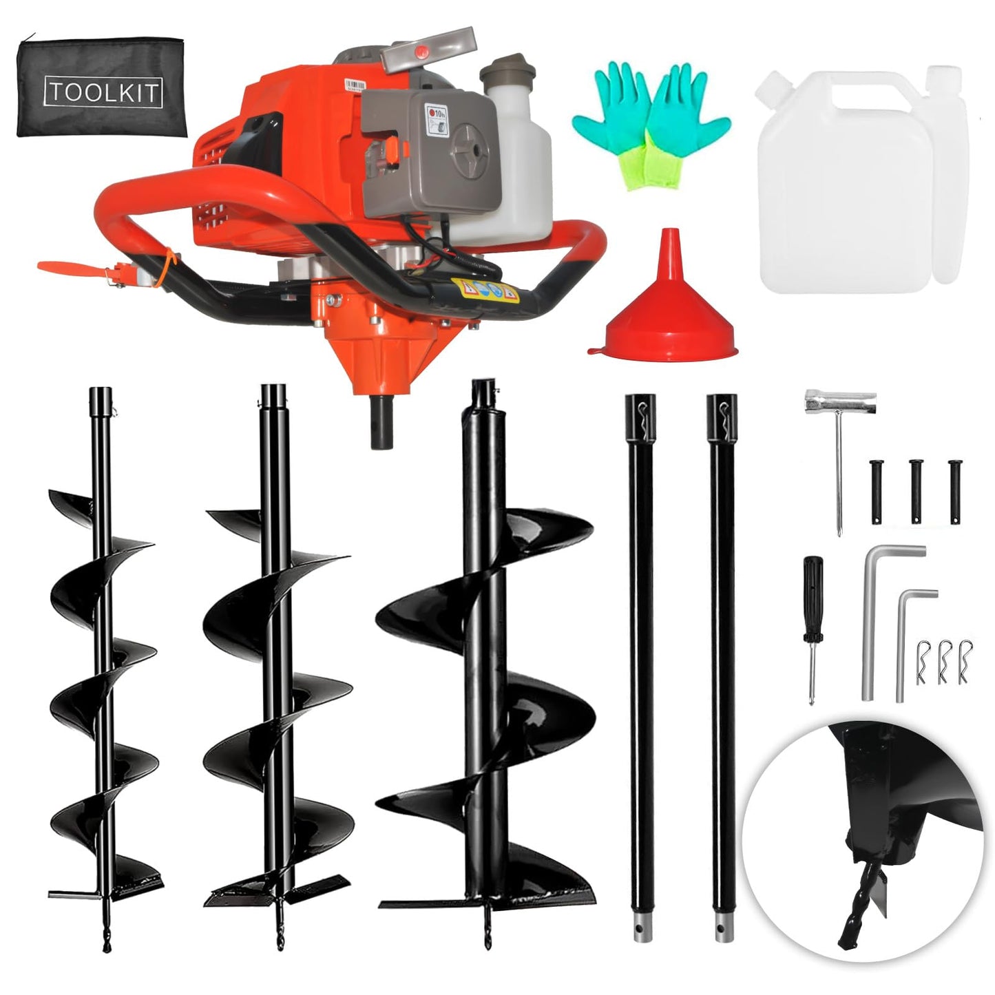 Ebikestar 72cc 4HP Gas Powered Post Hole Digger, Gas Earth Auger/Ice Auger, with 4""/8""/12"" Bits + 2 Extension Poles, 2-Stroke Gasoline Post Digger for Fence Garden Farm Plant (72CC)