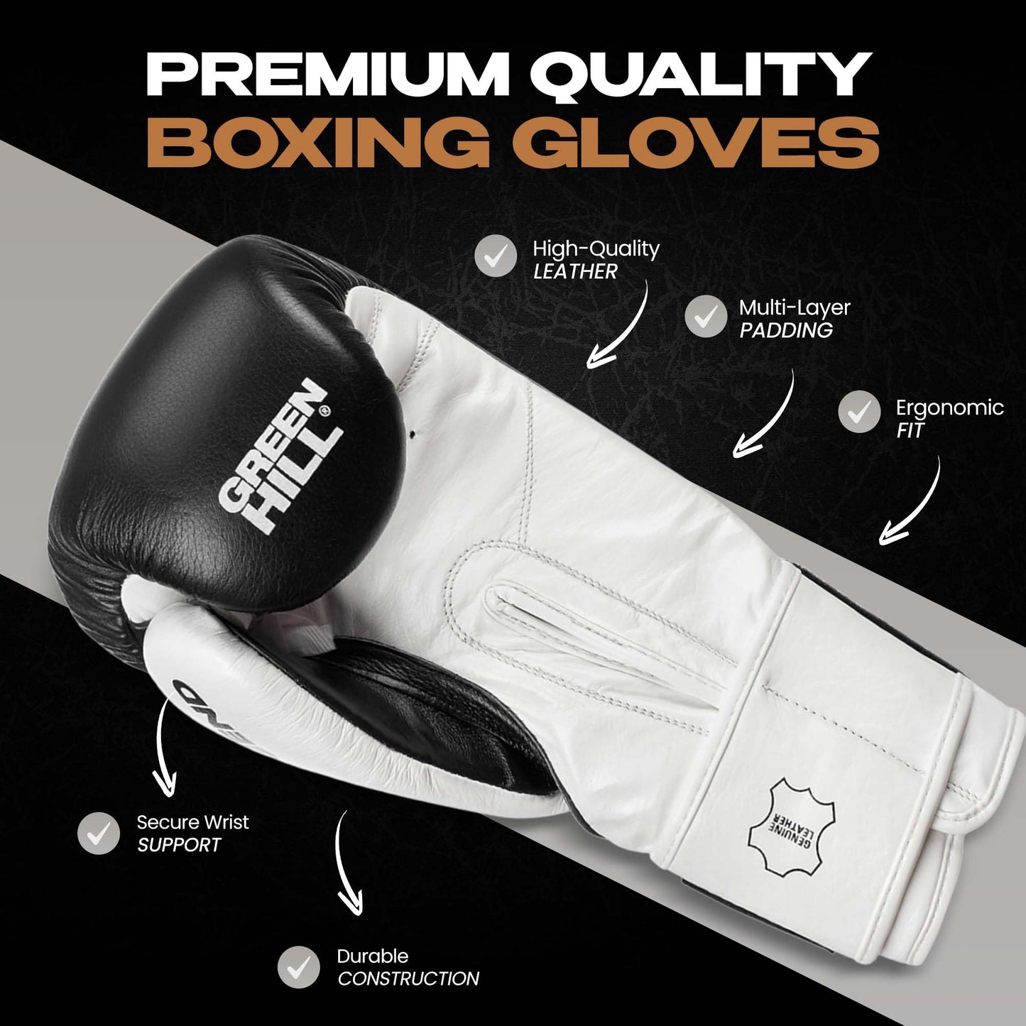 Green Hill Legend Boxing Gloves – Professional Leather Training & Sparring Gloves for MMA, Muay Thai & Kickboxing –Wrist Support, Breathable Design - Black/White 16oz