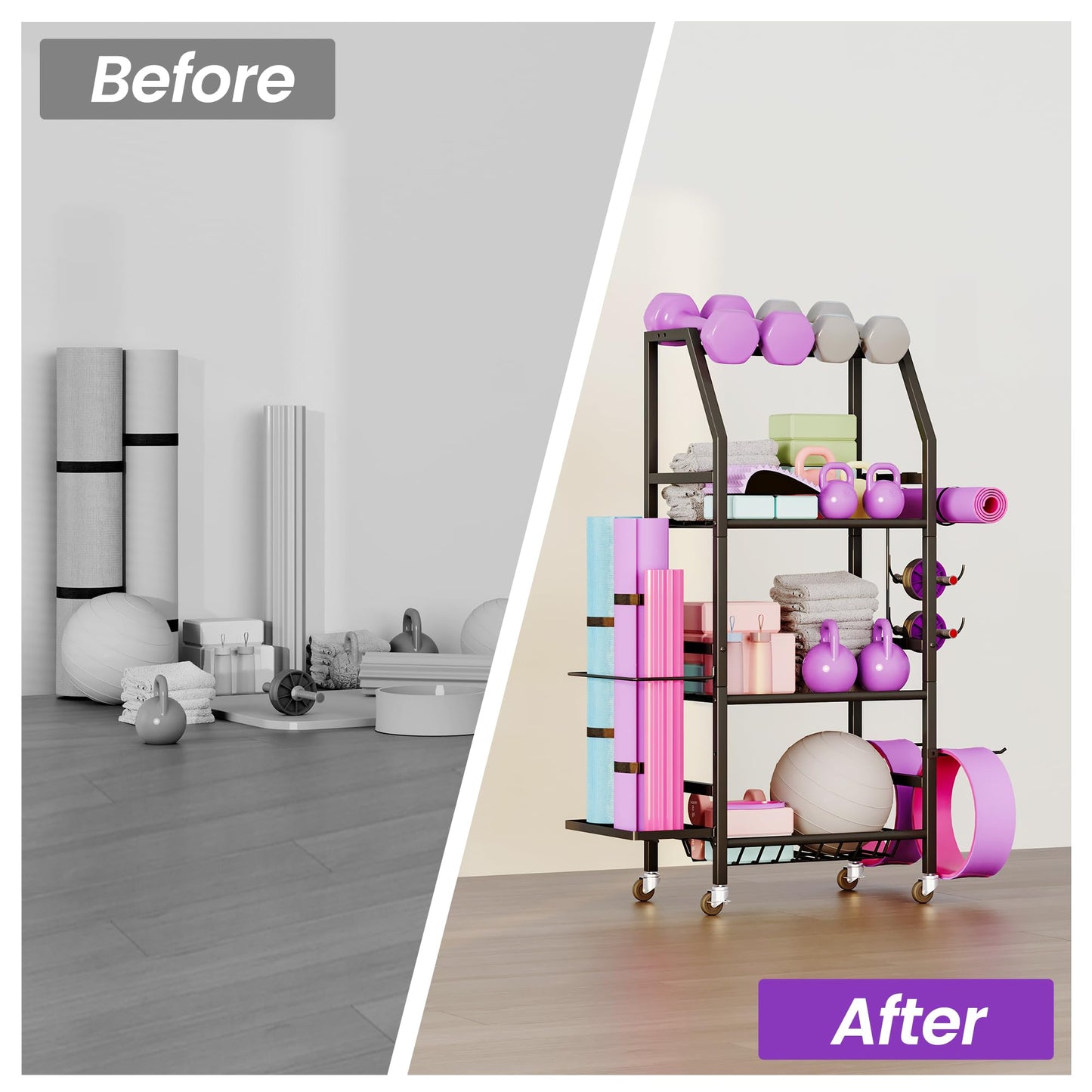 Homeiju Dumbbell Rack, 4 Tier Weight Rack for Home Gym, Yoga Mat Storage Holder with Lockable Wheels, Dumbbell Stand with Hooks, All in One Work out Equipment Storage for Yoga Mat Dumbbell and Balls