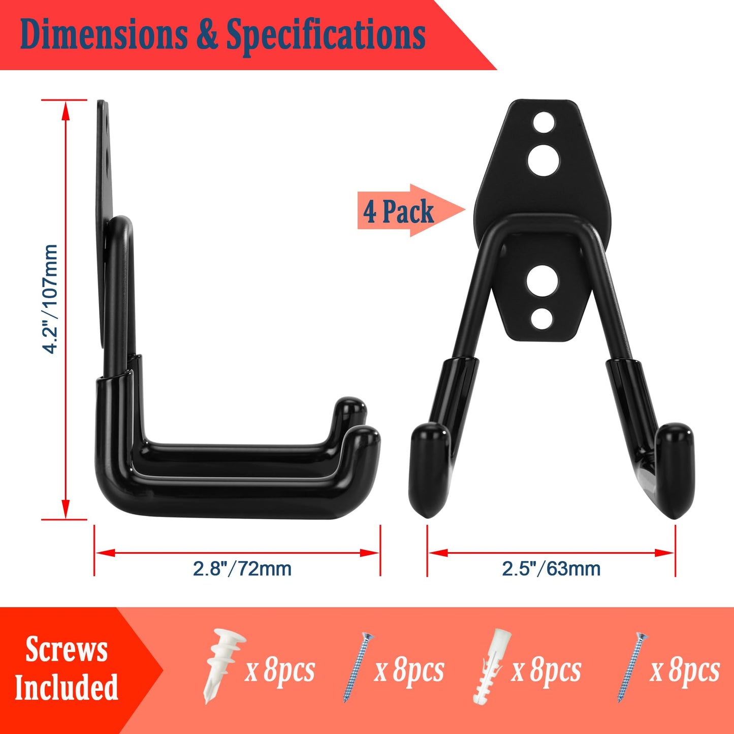 KAROSOM 4 Pack Garage Hooks, Garage Tool Organizer Wall Mount, Heavy Duty for Utility Organizer, Steel Utility Garage Hooks for Ladders, Garden Tools, Bike