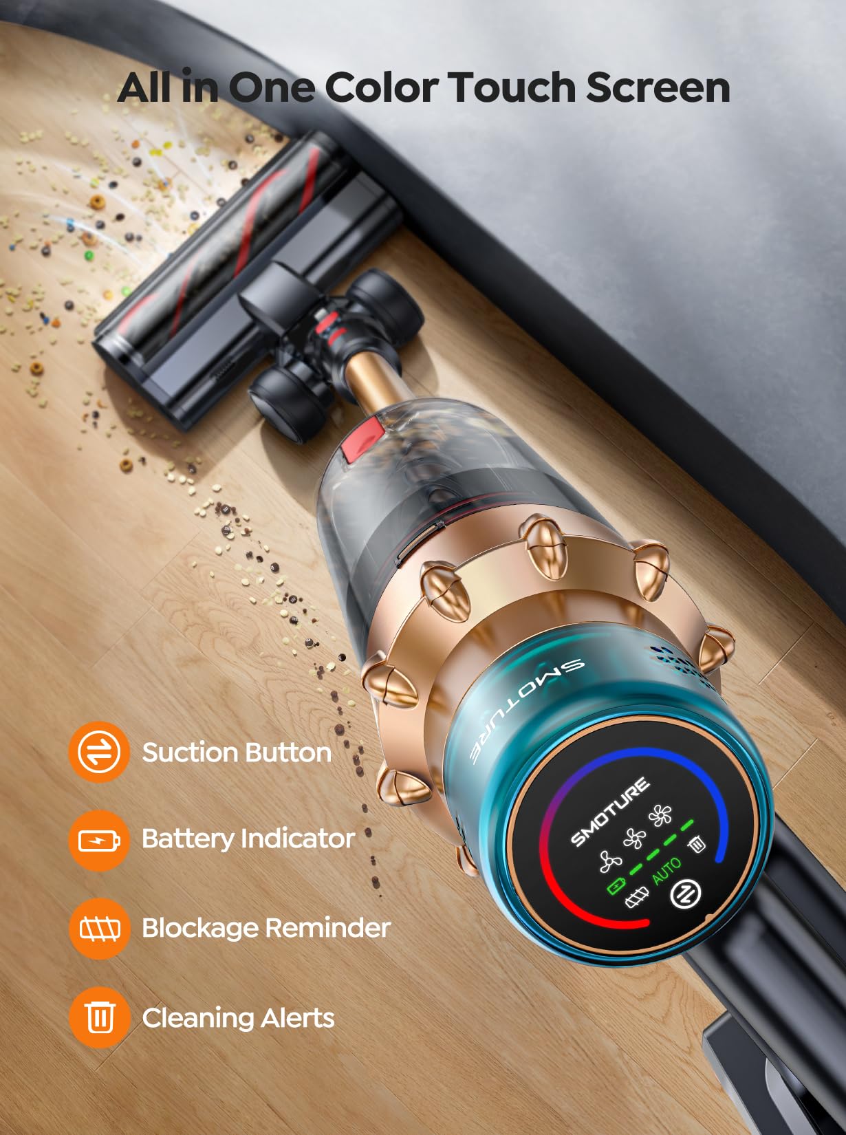 Cordless Vacuum Cleaner, 55KPA 650W 70Mins Stick Vacuum Cleaners for Home with Motorized Bed Brush, Flexible Hose, LED Touchscreen, Auto Mode, Self-Standing & Wall Mount, for Pet Hair Carpet Floor