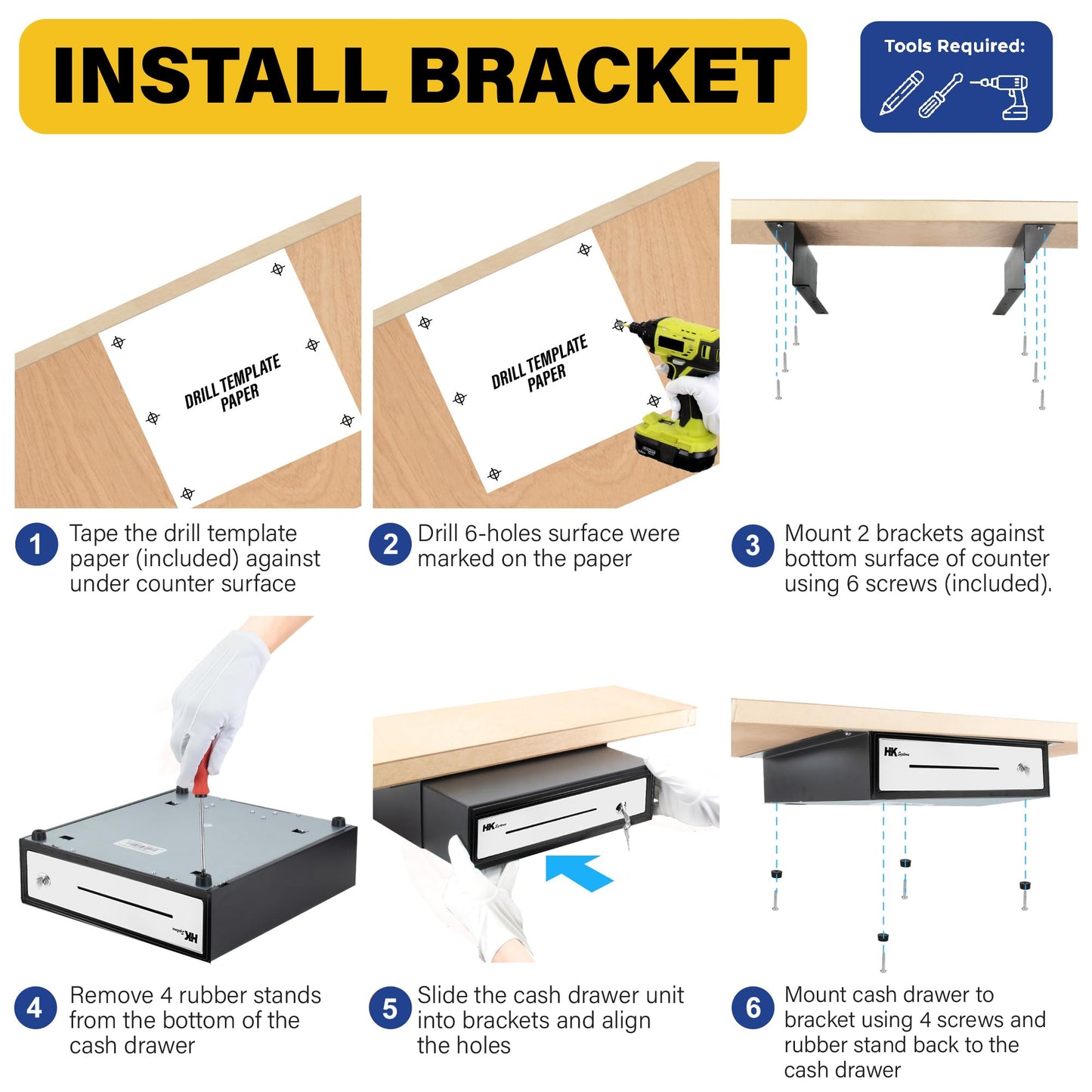 HK SYSTEMS 16" Heavy Duty Black Push Open Cash Drawer, 5B5C with Under Counter Mounting Metal Bracket