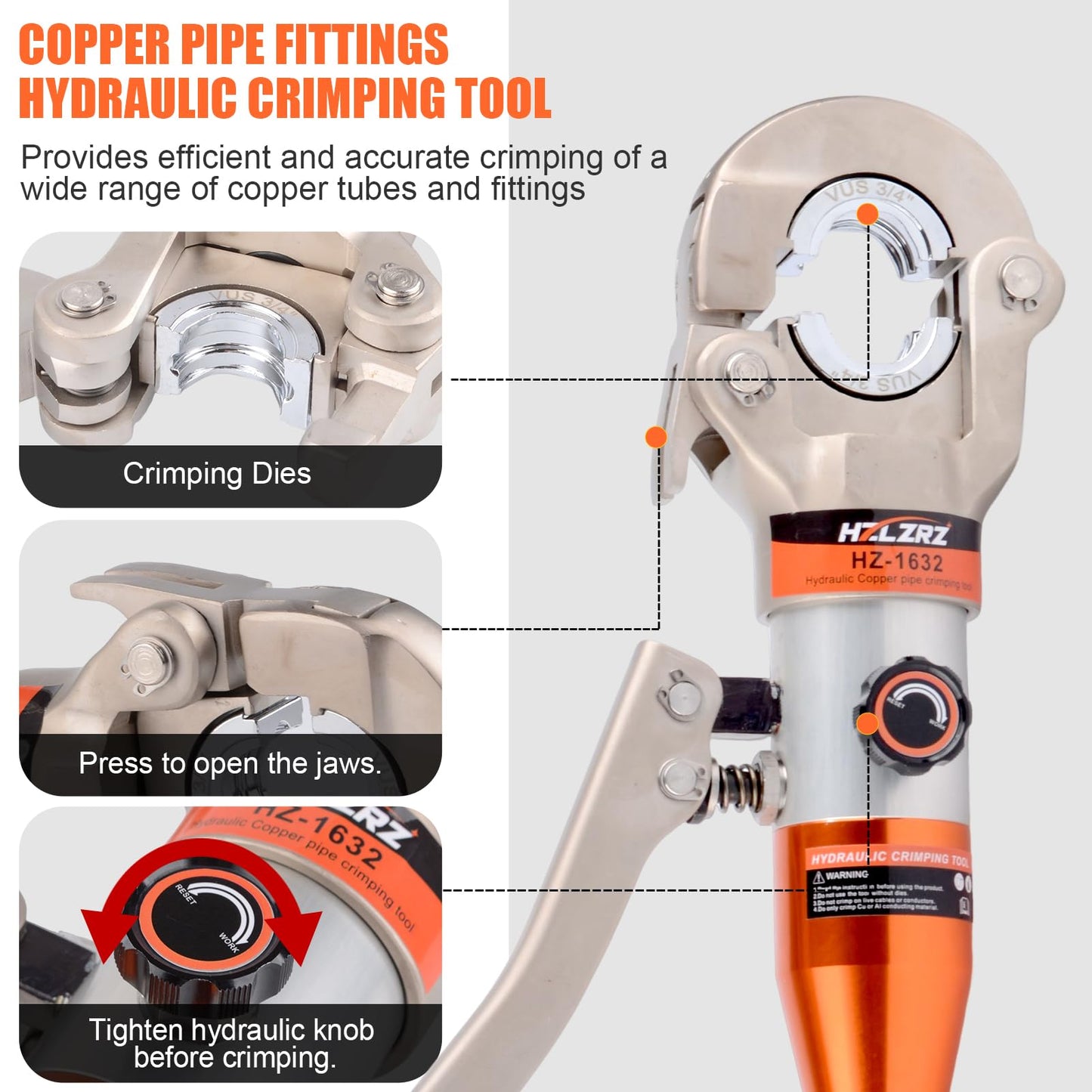 HZLZRZ Propress Tool for Copper Pipe, Hydraulic Tool Dies Jaw 1/2", 3/4", 1" with Pipe Cutter Suitable for Pressing Copper Pipe of Water Heating Crimper Tool