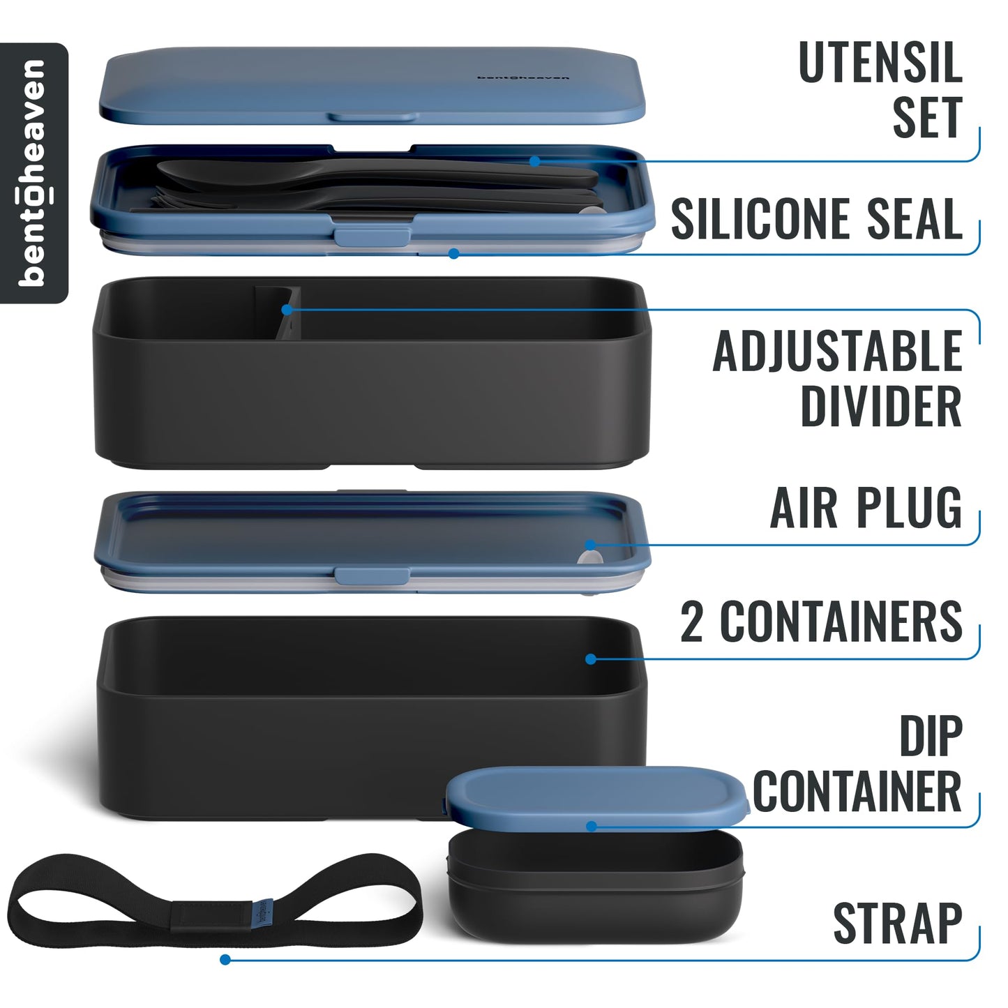 Bentoheaven Premium Bento Box Adult Lunch Box with Compartments for Women & Men, Set of Utensil & Chopsticks & Dip Container, Cute Japanese Kids Bento Lunch Box, Microwavable (Steel My Heart)
