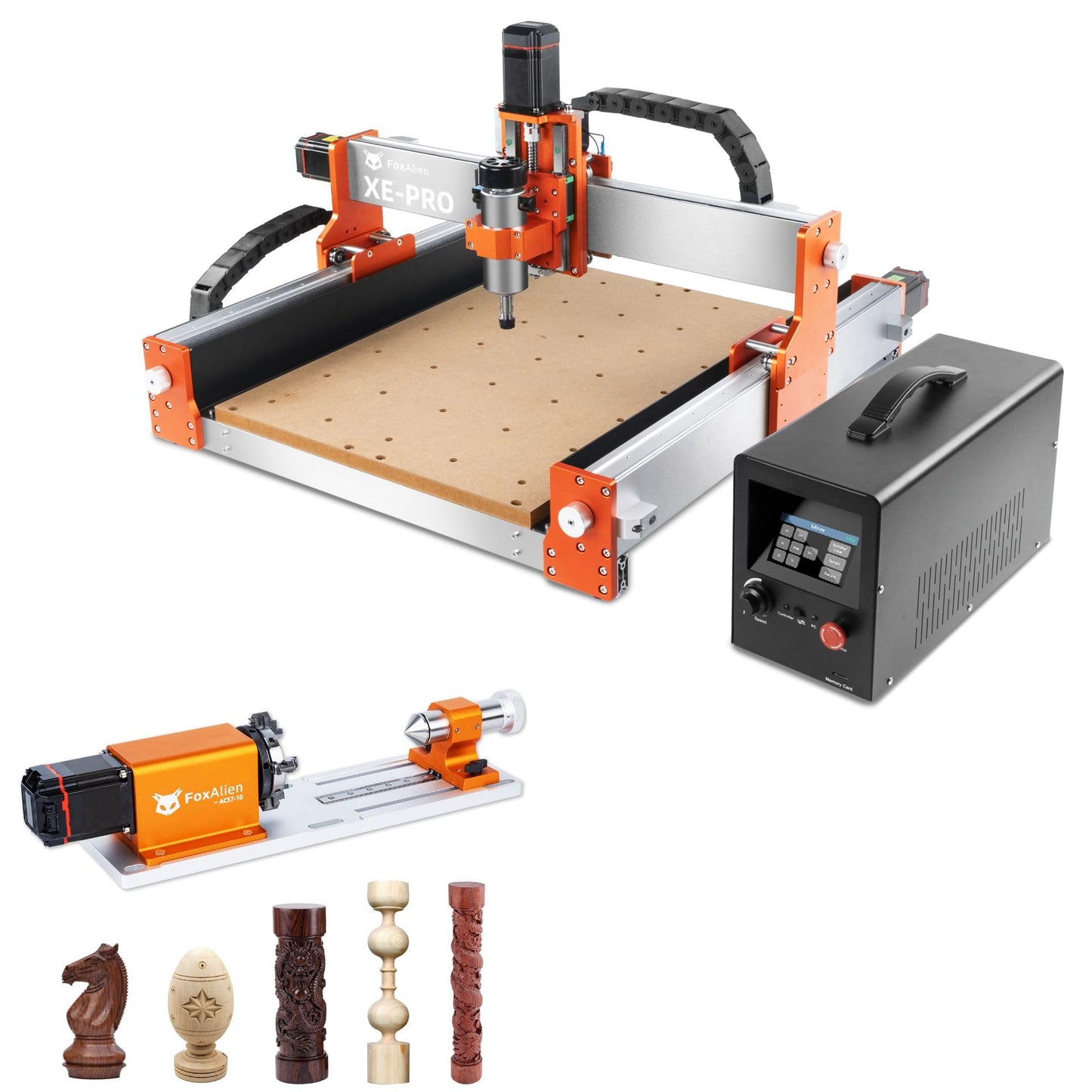FoxAlien XE-PRO 3-Axis CNC Router Machine + NEMA23 4th Axis Rotary Engraving Module for Engraving Curved Surface and Cylindrical Object