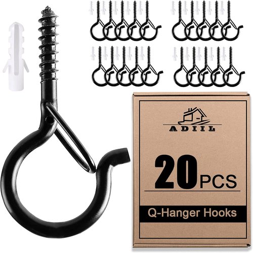 ADIIL Q Hanger Hooks - 20 PCS Windproof Screw Hooks with Safety Buckle for Outdoor String Lights | Black, 2.2 Inches