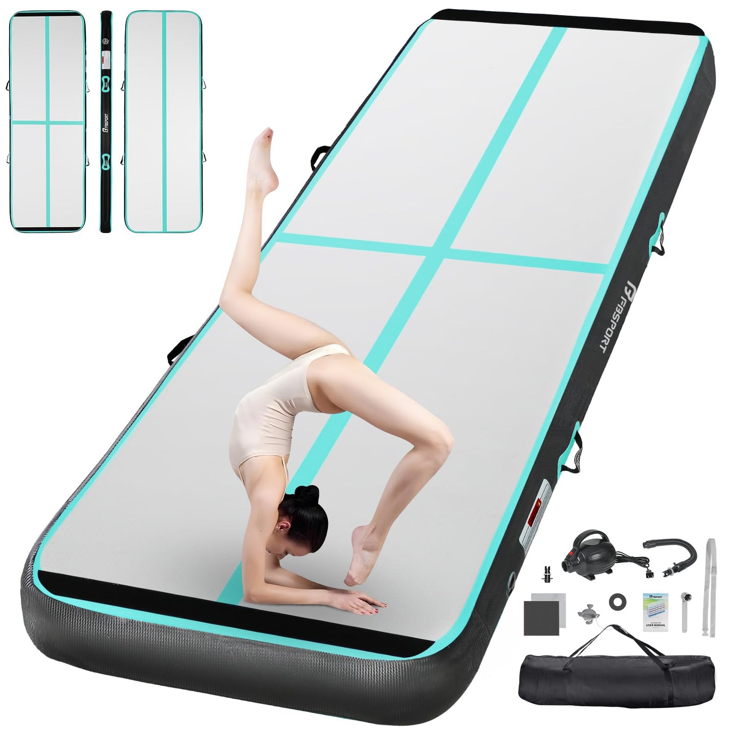 FBSPORT 6.6ft Inflatable Air Gymnastics Mat Training Mats 4 inches Thickness Gymnastics Tracks for Home Use/Training/Cheerleading/Yoga/Water with Pump