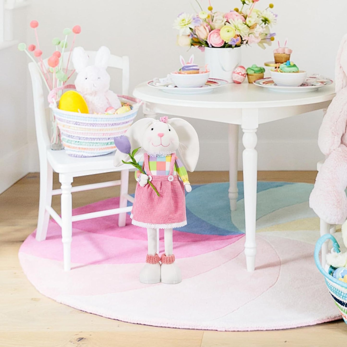 Skiennix Standing Easter Bunny Decor - Plush Gnome Figurine with Stretchable Legs | Cute Pink Spring Decoration for Home & Office