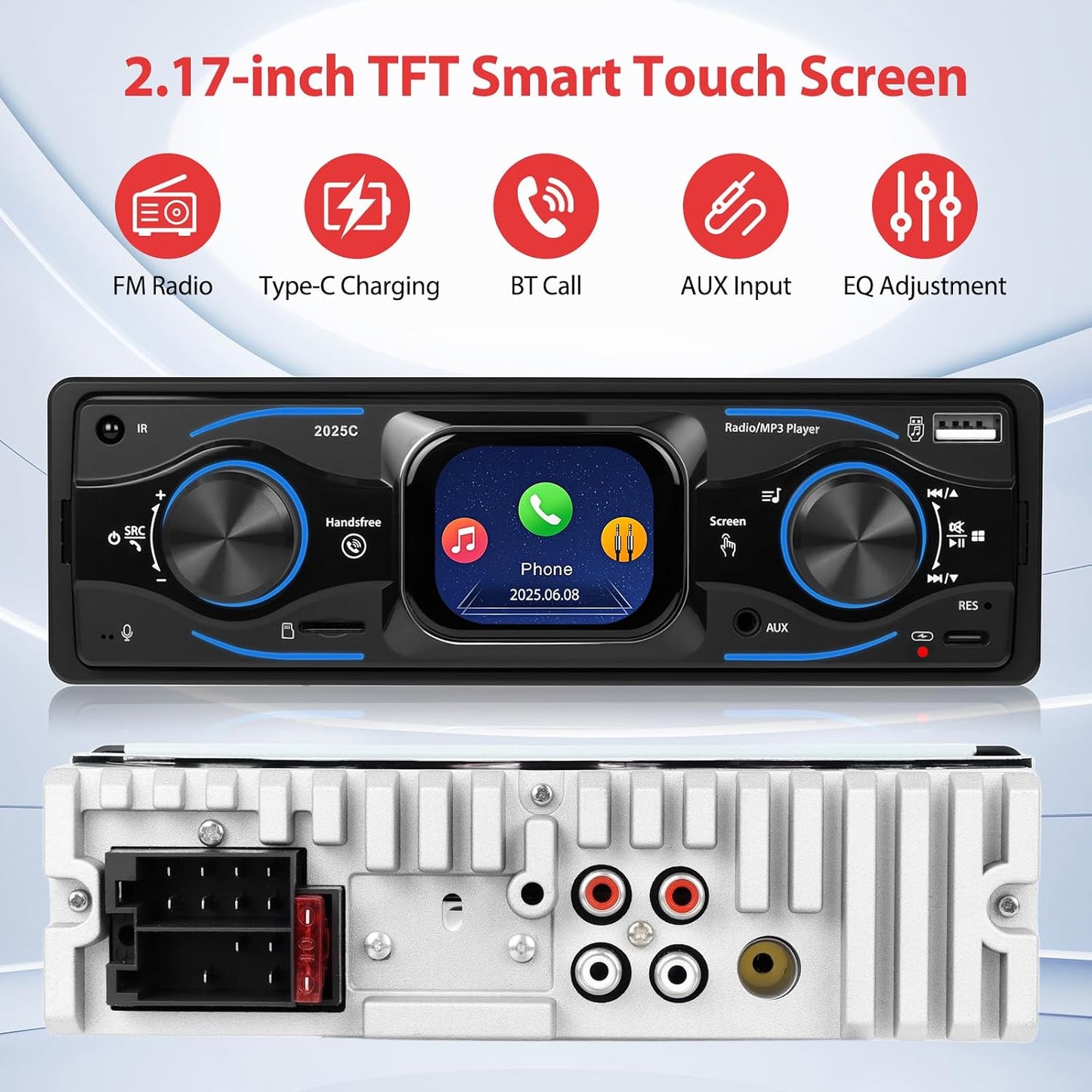 Motorsi 2.17" 12V MP3 Radio/MP3/SD/AUX-IN/USB/EQ/Quick Touch Screen Bluetooth Single Din Car Stereo Audio Player