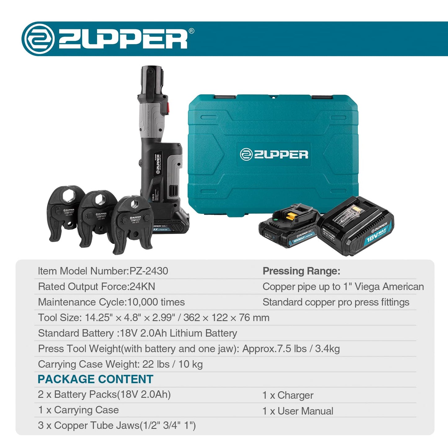 ZUPPER Press Tool, 18V Electric Pipe Crimping Tool for 1/2", 3/4", 1" Copper Pipes, Compact Press Tool Kit Suitable for Copper ProPress fittings - with 3 VUS Press Jaws, 2pcs Battery