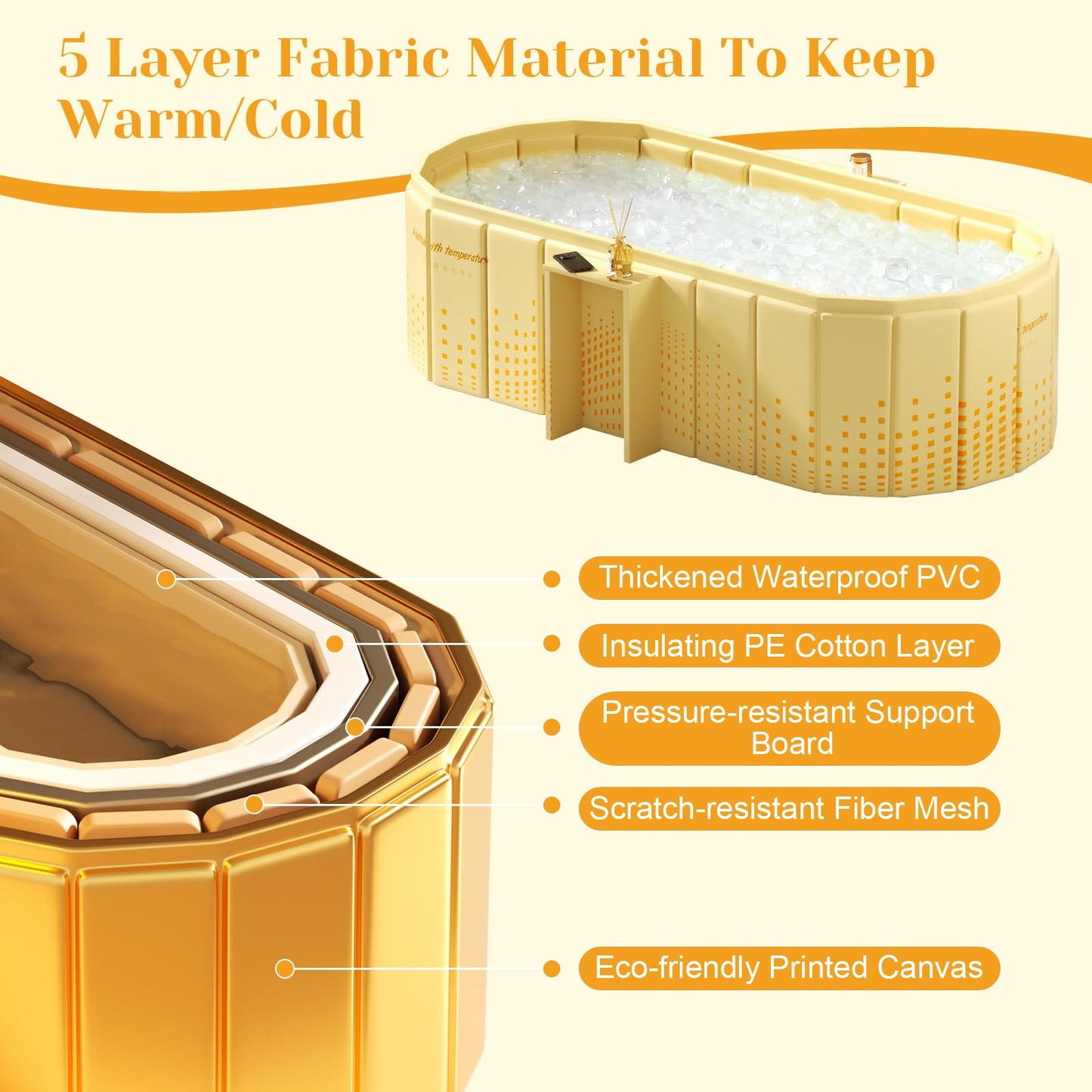 jessie 47 Inches Portable Bathtub, Foldable Ice Bath Tub for Adult, Bathroom Hot SPA Soaking Cold Plunge Tub Freestanding Bathtub Indoor Outdoor Yard (Gold)
