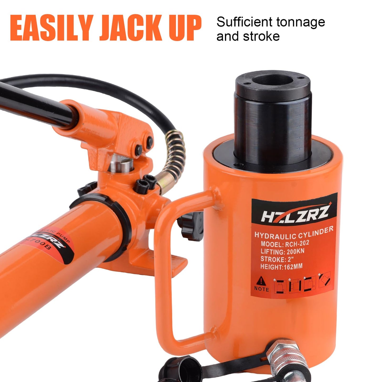 HZLZRZ 20T Hydraulic Cylinder Jack Hollow Single Acting Hydraulic Ram Cylinder, Hydraulic Lifting Cylinders 2"(50mm) and Porta Power Kit(RCH-202)