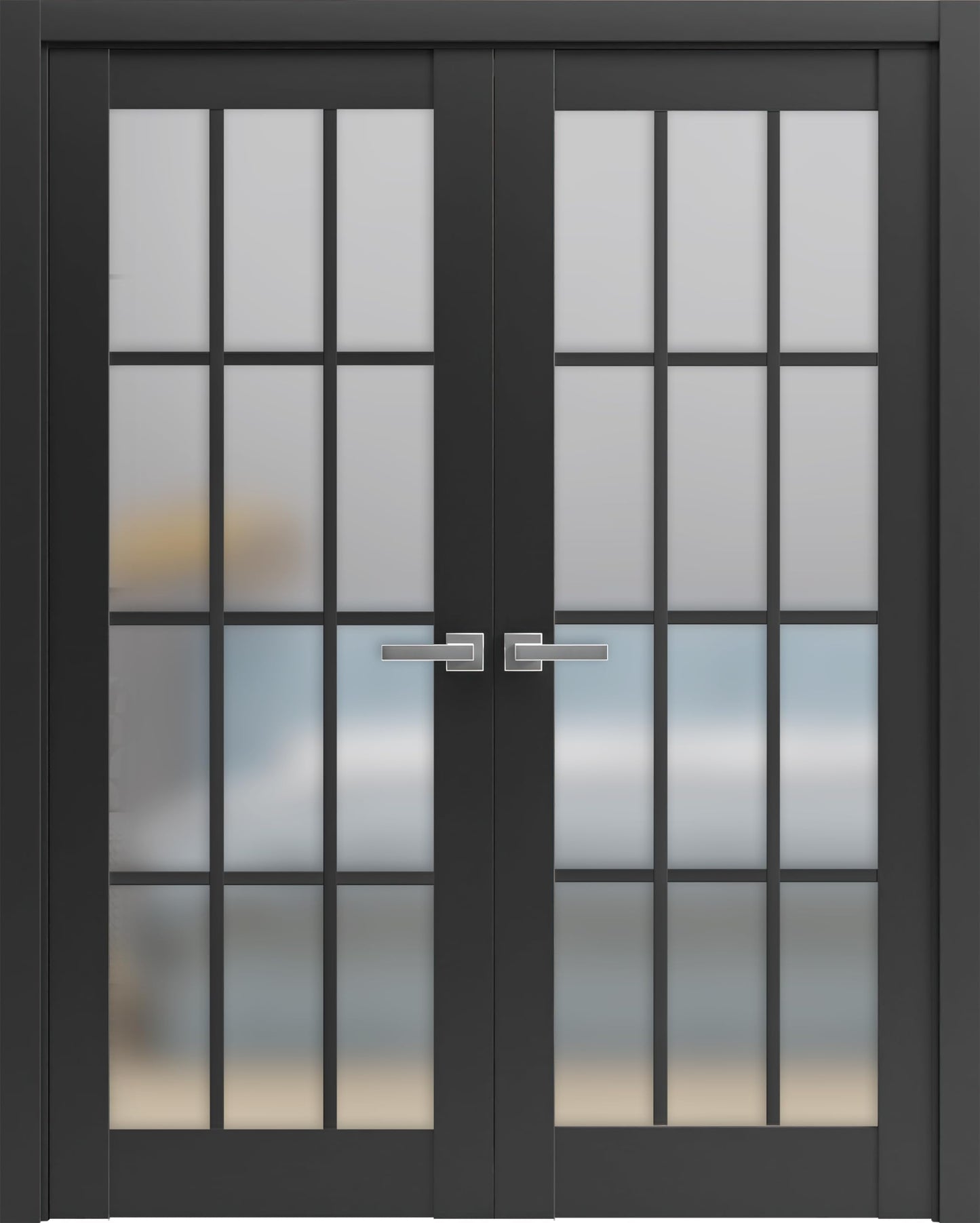 SARTODOORS Solid Interior French Double Doors 84 x 80 inches | Felicia 3312 Matte Black with Frosted Glass | Wood Solid Panel Frame Trims | Closet Bedroom Sturdy Doors