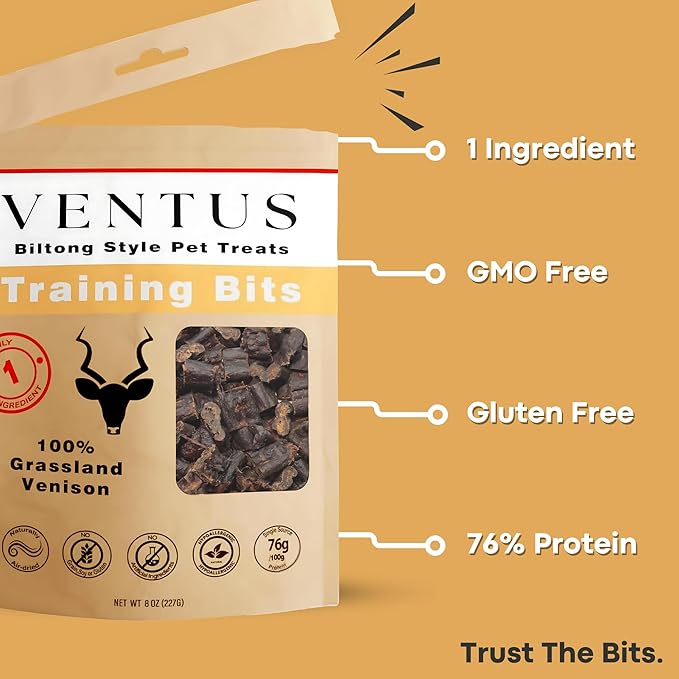 VENTUS Jerky Training Bits - Single Ingredient High Protein Venison Dog Training Treats, Grain-Free, Air-Dried Training Treats for Dogs 8 oz