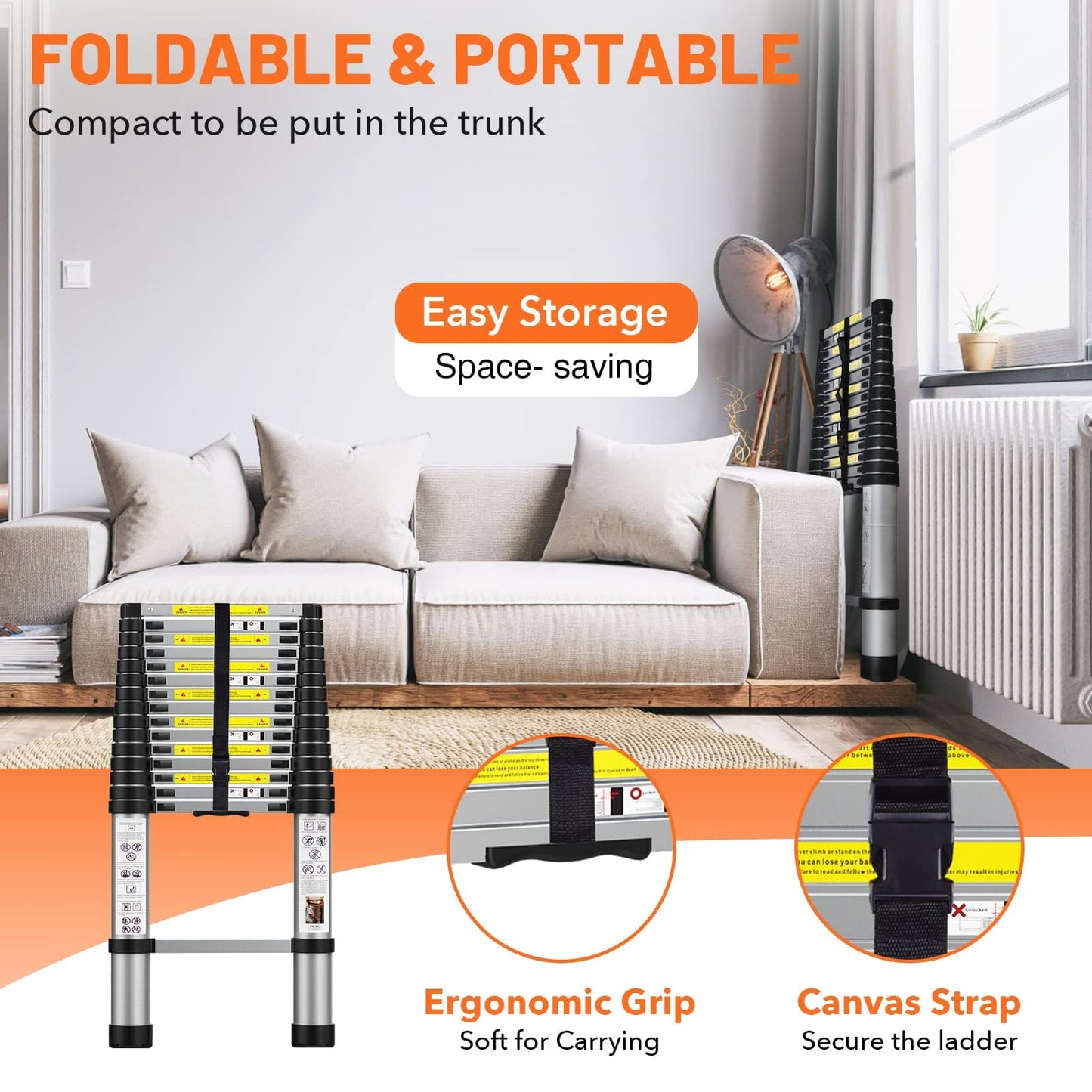 Dajianglx 15.5FT Telescoping Aluminum Extension Ladder with 2 Triangle Stabilizers, 330lbs Capacity, Multi-Purpose Collapsible for Home, Outdoor Work, Silver