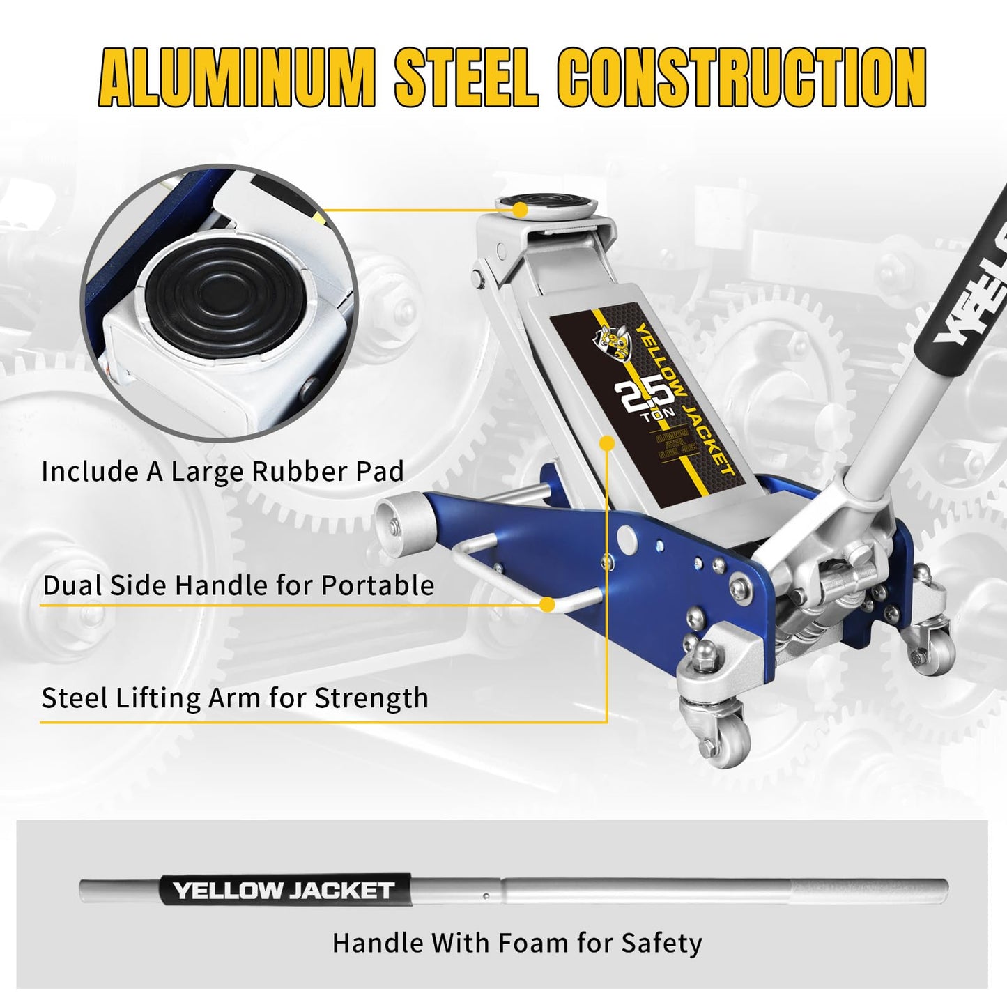YELLOW JACKET Floor Jack 2.5 Ton Hydraulic Low Profile Aluminum and Steel Racing Car Jack with Fast Lifting Dual Pump, 5500 lbs Capacity