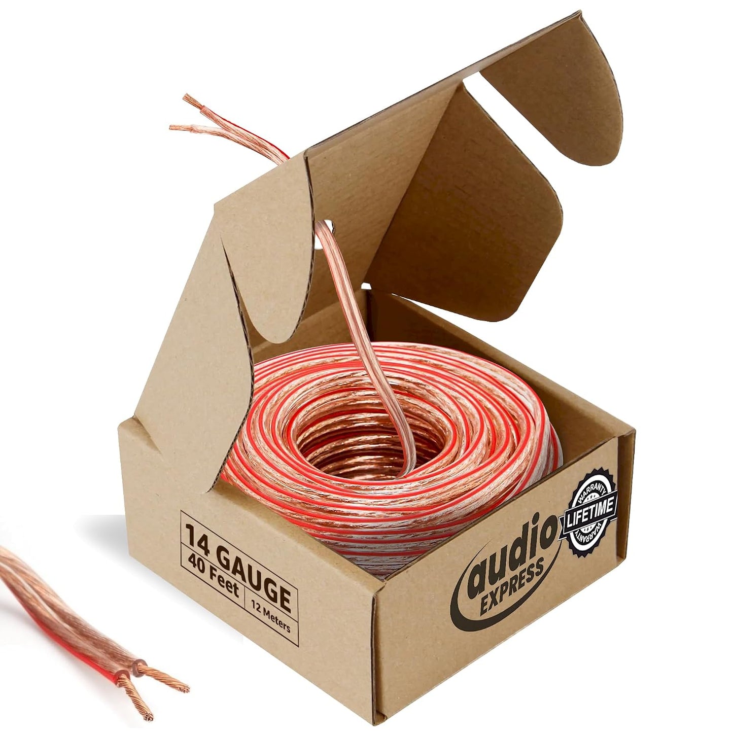 Audio Express 40ft 14-Gauge 12.19m, 2 117 Count (.15 Stereo Speaker Wire, Conductor, Polarity Marked, Clear PVC, CCA