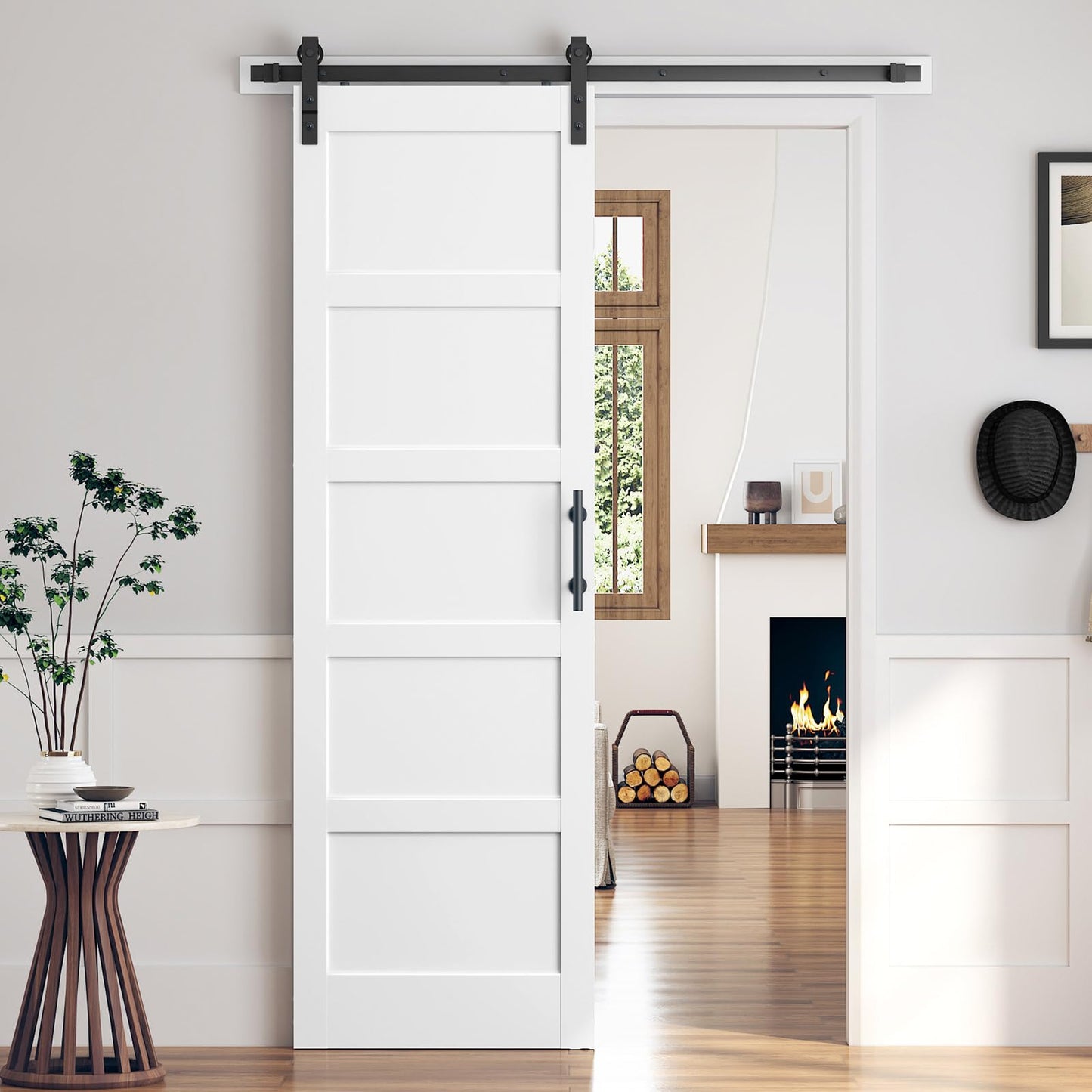 ROYMELO 32x96 Inch White Sliding Barn Door Slab with 5.5ft Hardware Kit Included, 5-Panel, MDF Wood Panel Covered with Water-Proof Scratch-Proof PVC Surface, Simple DIY Assembly