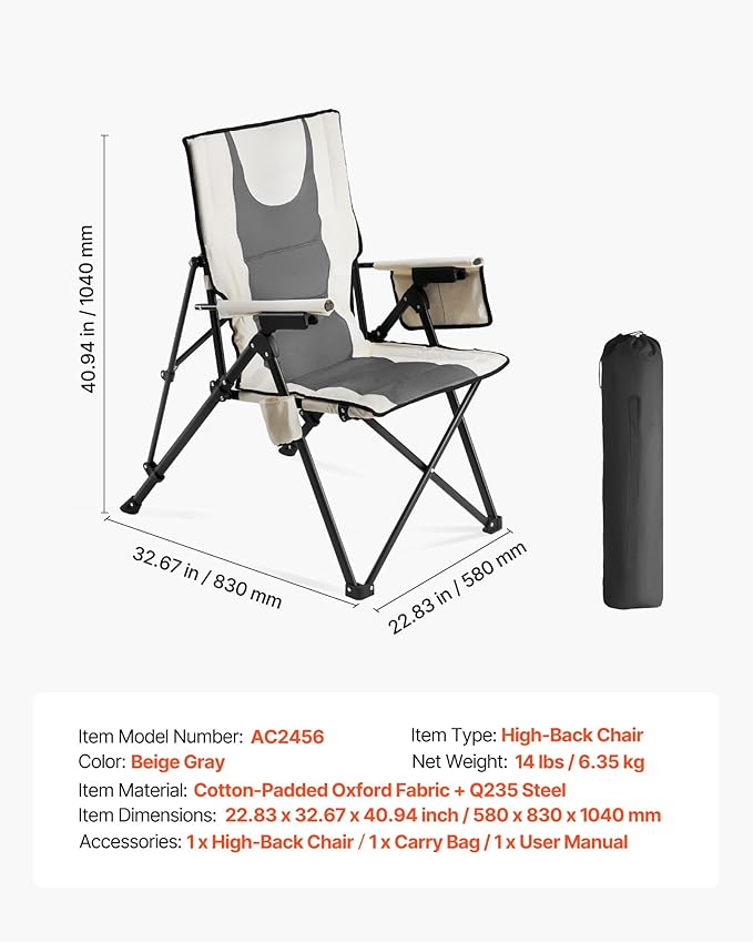 VEVOR Folding Camping Chair, 3 Reclining Positions, Outdoor High Back Camping Chair, 260lbs Weight Capacity, Full Padded Beach Chairs with Armrest & Headrest, Portable Lawn Chairs for Sports Travel