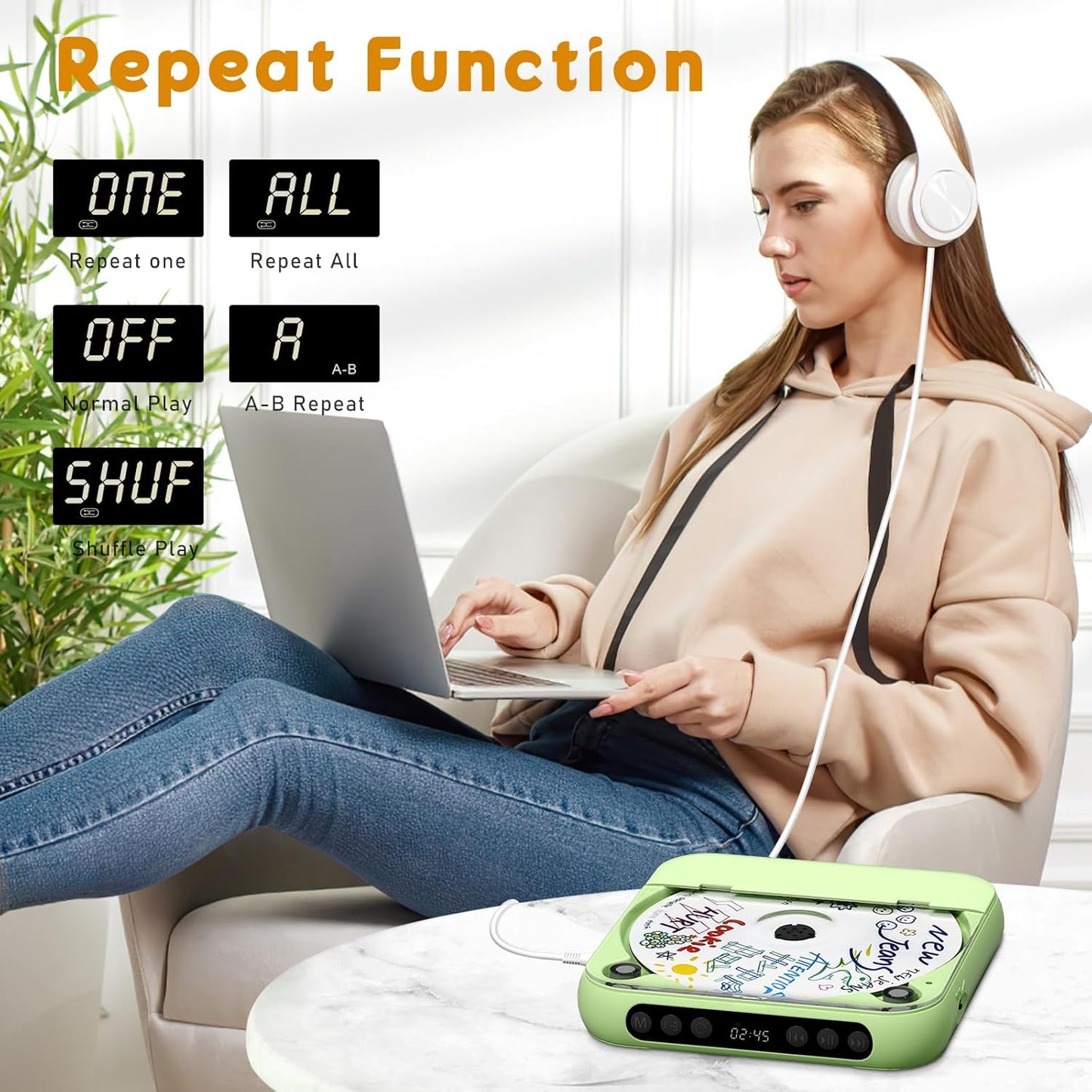 SKYANS Portable CD Player with Bluetooth, Rechargeable CD Player for Home/Car, Built-in HiFi Speakers, Headphones, LCD