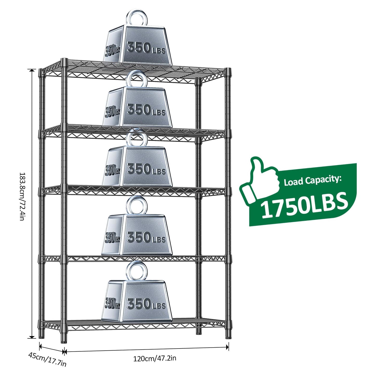 IZEUK 5-Tier Heavy Duty Metal Storage Shelving Unit, Adjustable Steel Wire Rack Shelf Organizer for Garage, Kitchen, Basement, Laundry, Office(Black, 17.7" D x 47.2" W x 72.3" H, 1750 lbs Capacity)